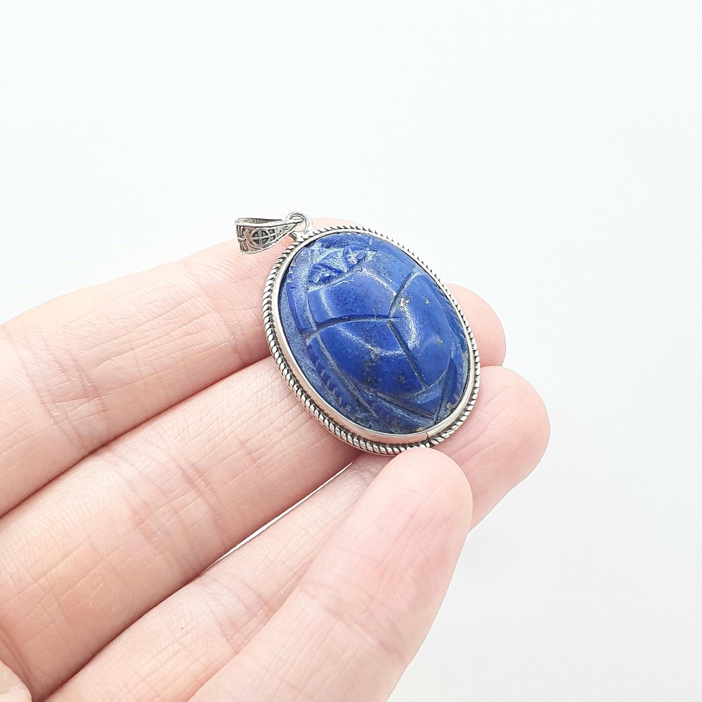 Old Vintage Solid Silver Lapis Lazuli Scarab Beetle Cameo Pendant Egyptian Egypt Genuine Gemstone Mens Womens Jewelry Jewellery