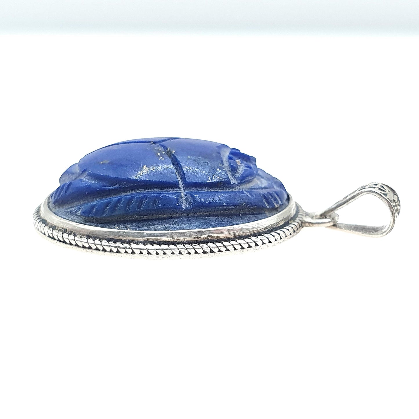 Old Vintage Solid Silver Lapis Lazuli Scarab Beetle Cameo Pendant Egyptian Egypt Genuine Gemstone Mens Womens Jewelry Jewellery