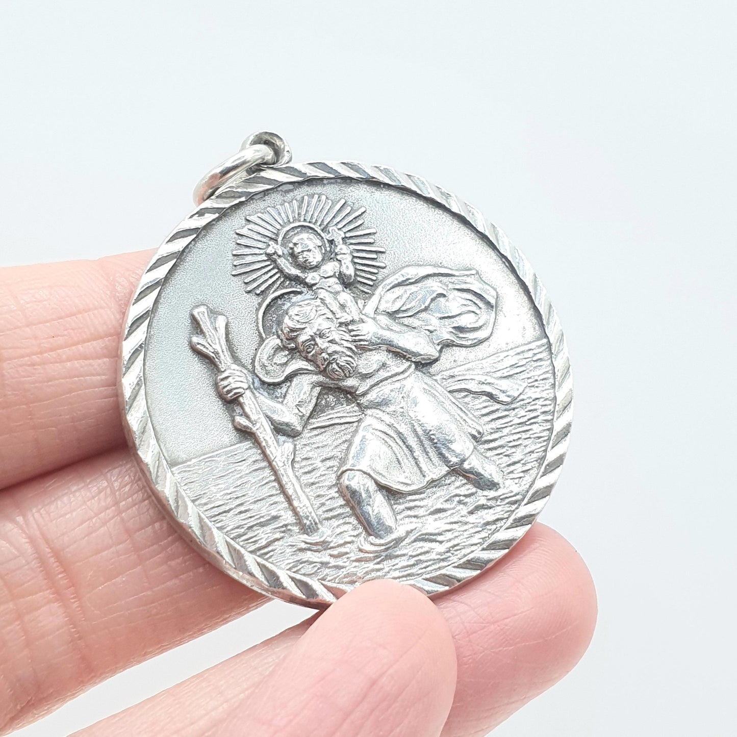 Vintage Sterling Silver Very Large St Christopher Pendant Necklace Huge Massive Heavy Travel Jewellery Jewelry Men Women Unisex