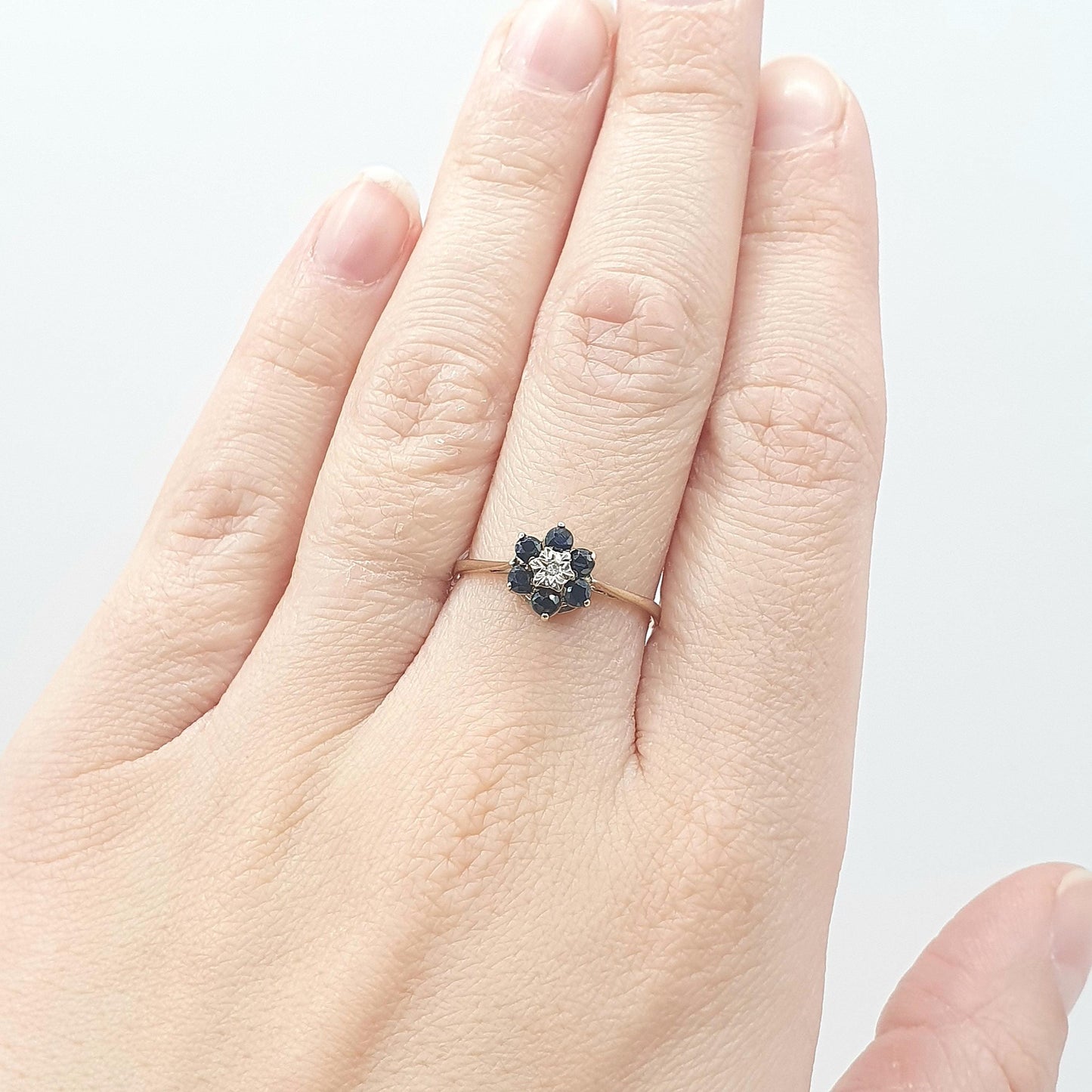 Vintage 9ct Gold Sapphire & Diamond Cluster Ring Halo Solid 9k 9kt Genuine Gemstone Retro Jewelry Jewellery Women’s