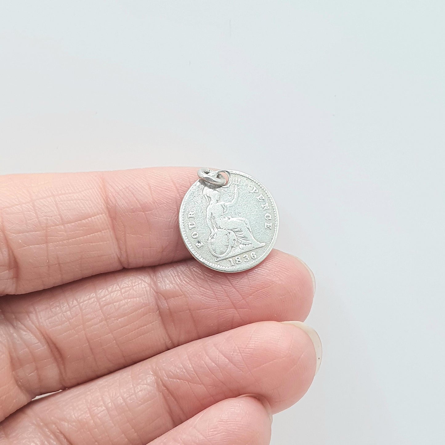 Antique Sterling Silver William IV Four Pence Coin Pendant Necklace 1836 Groat British Charm Vintage Mens Womens 1800s Jewelry Jewellery