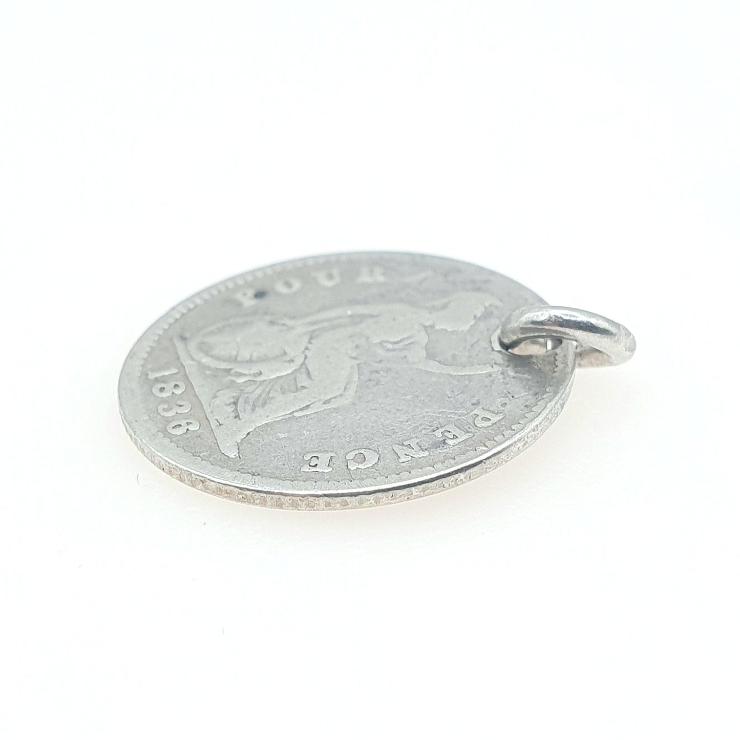 Antique Sterling Silver William IV Four Pence Coin Pendant Necklace 1836 Groat British Charm Vintage Mens Womens 1800s Jewelry Jewellery