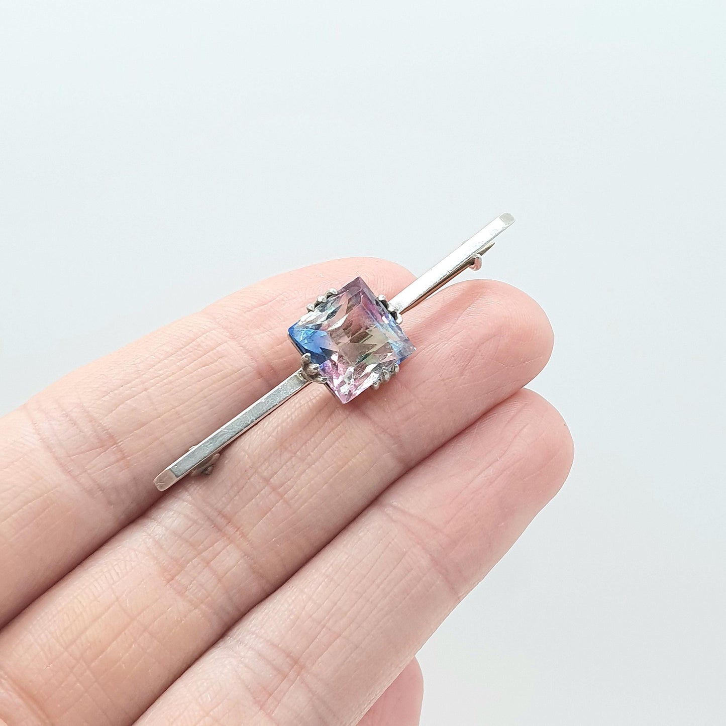 Antique Solid Silver Iris Rainbow Glass Brooch Square Cut Tutti Fruitti Art Deco Bar Pin Women’s Jewellery Jewelry Men’s Unisex Vintage