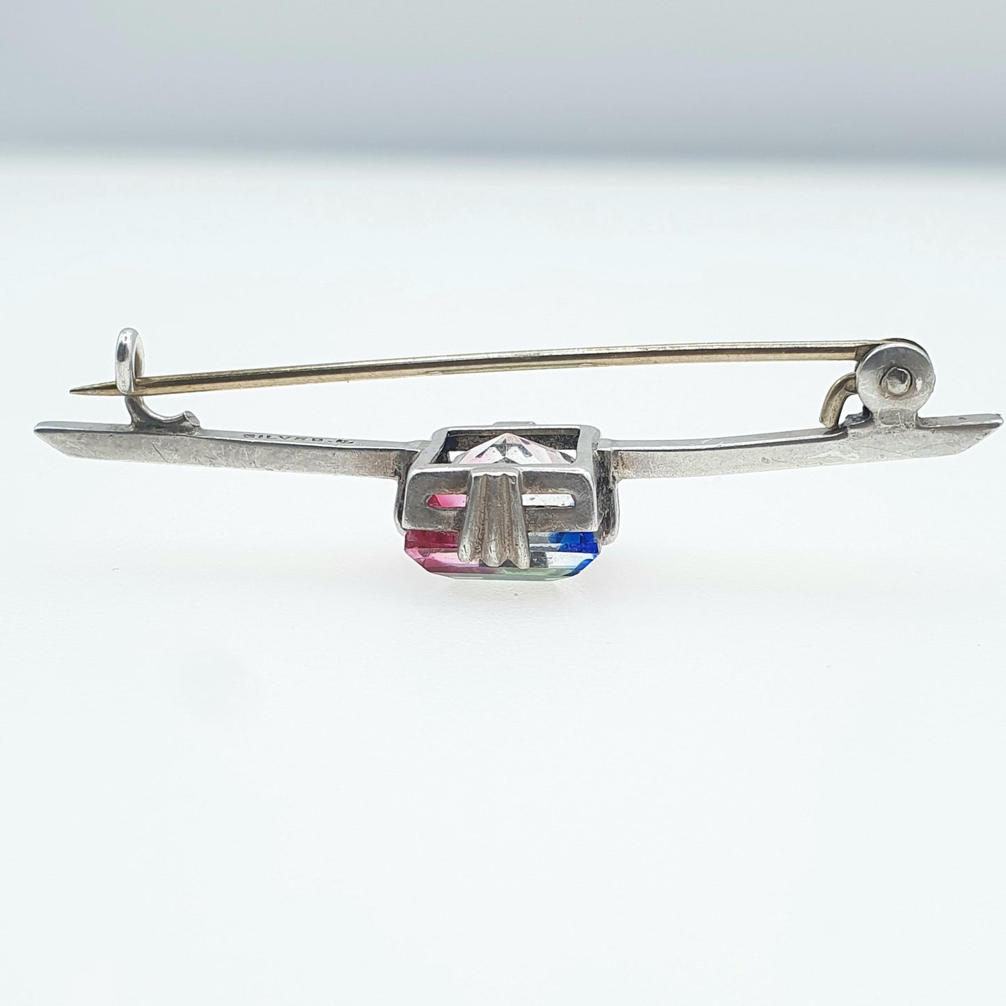 Antique Solid Silver Iris Rainbow Glass Brooch Square Cut Tutti Fruitti Art Deco Bar Pin Women’s Jewellery Jewelry Men’s Unisex Vintage