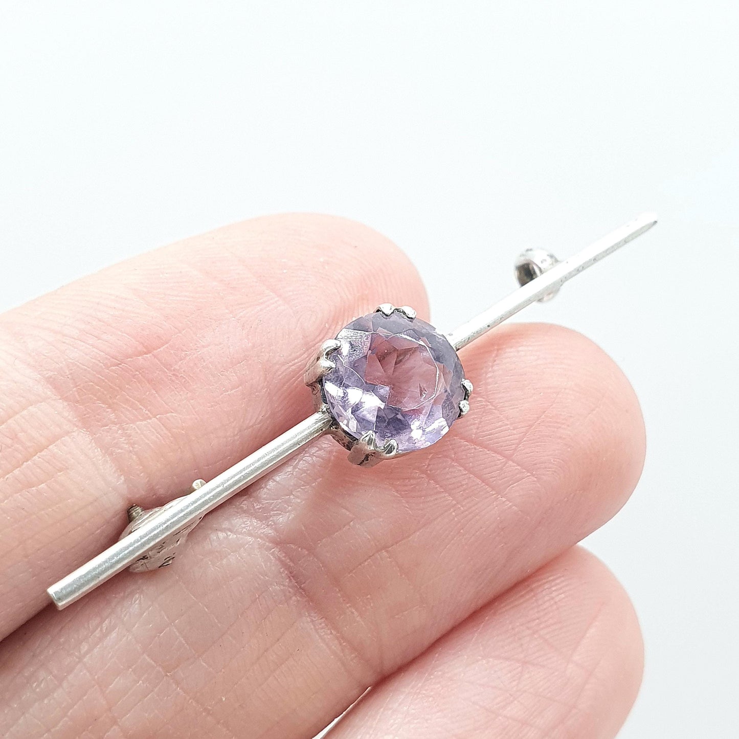 Antique Solid Silver Amethyst Brooch Round Cut Bar Pin Genuine Gemstone Vintage Lilac Purple Womens Unisex Jewelry