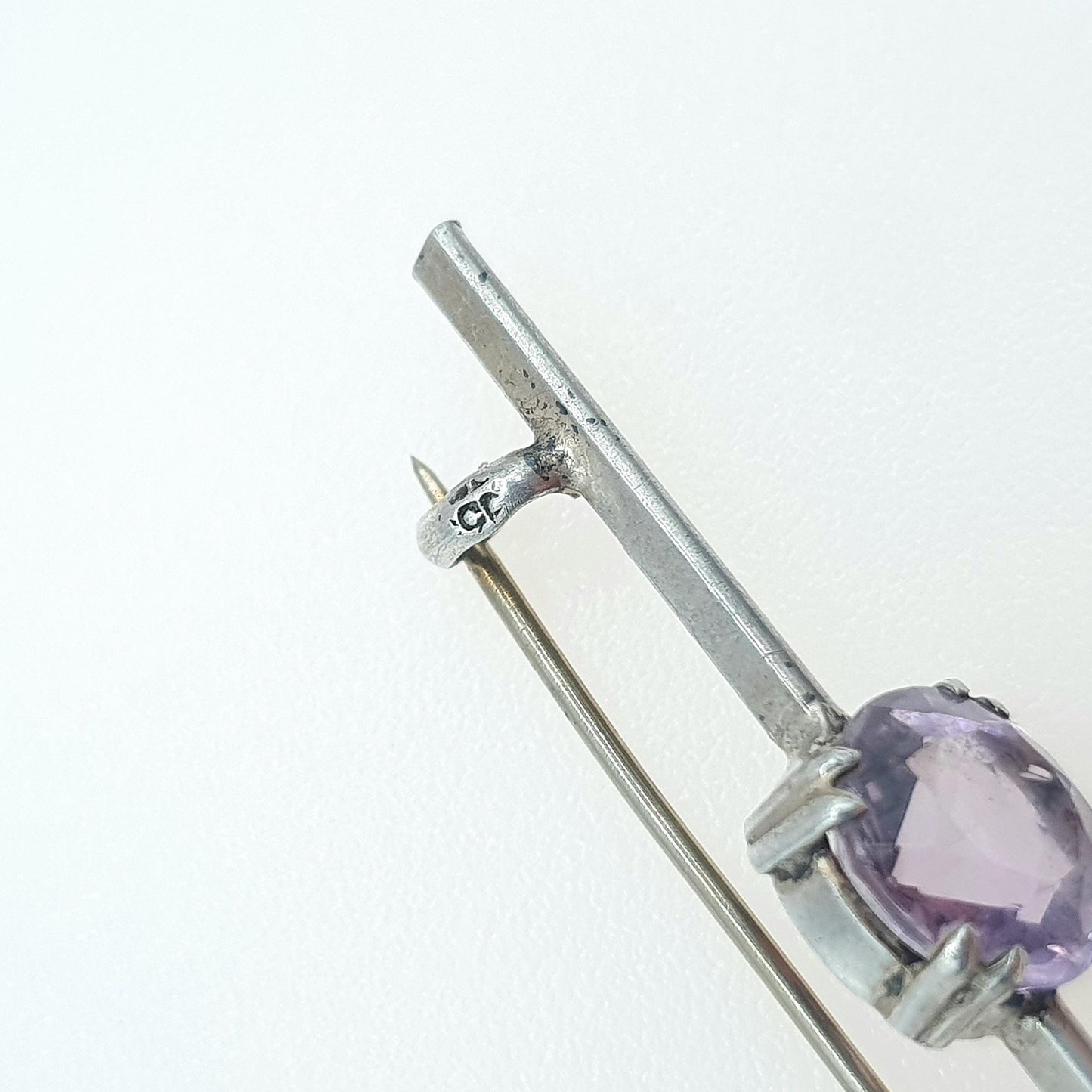 Antique Solid Silver Amethyst Brooch Round Cut Bar Pin Genuine Gemstone Vintage Lilac Purple Womens Unisex Jewelry