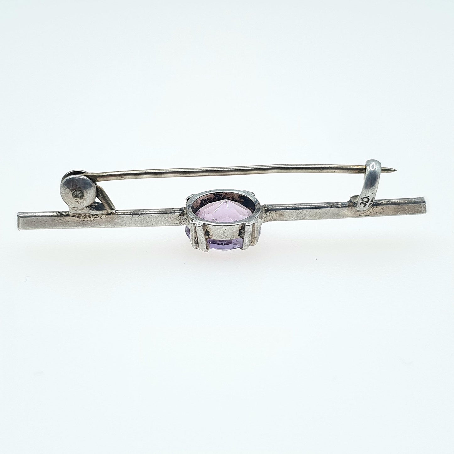 Antique Solid Silver Amethyst Brooch Round Cut Bar Pin Genuine Gemstone Vintage Lilac Purple Womens Unisex Jewelry