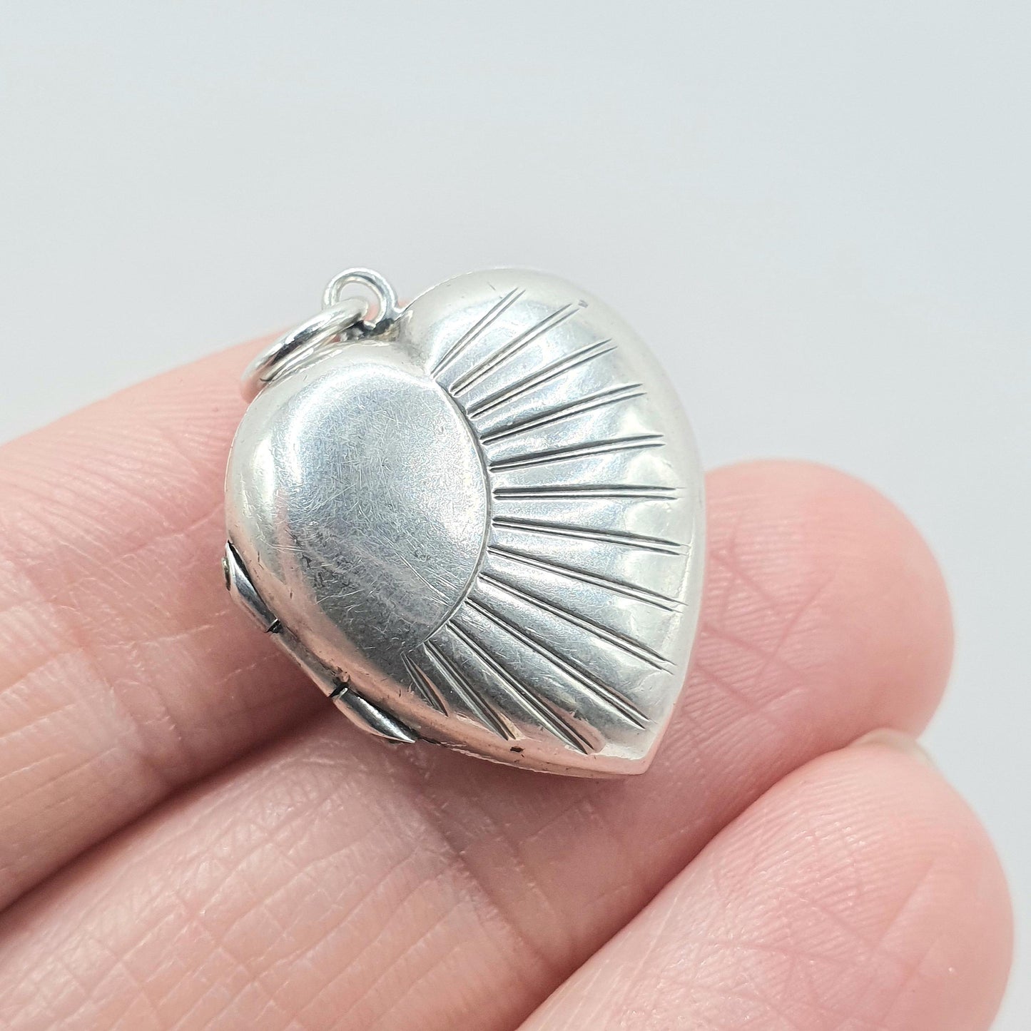 Antique Art Deco Solid Silver Heart Locket Necklace Pendant Sunburst Pattern Back and Front Womens Jewelry Vintage Jewellery