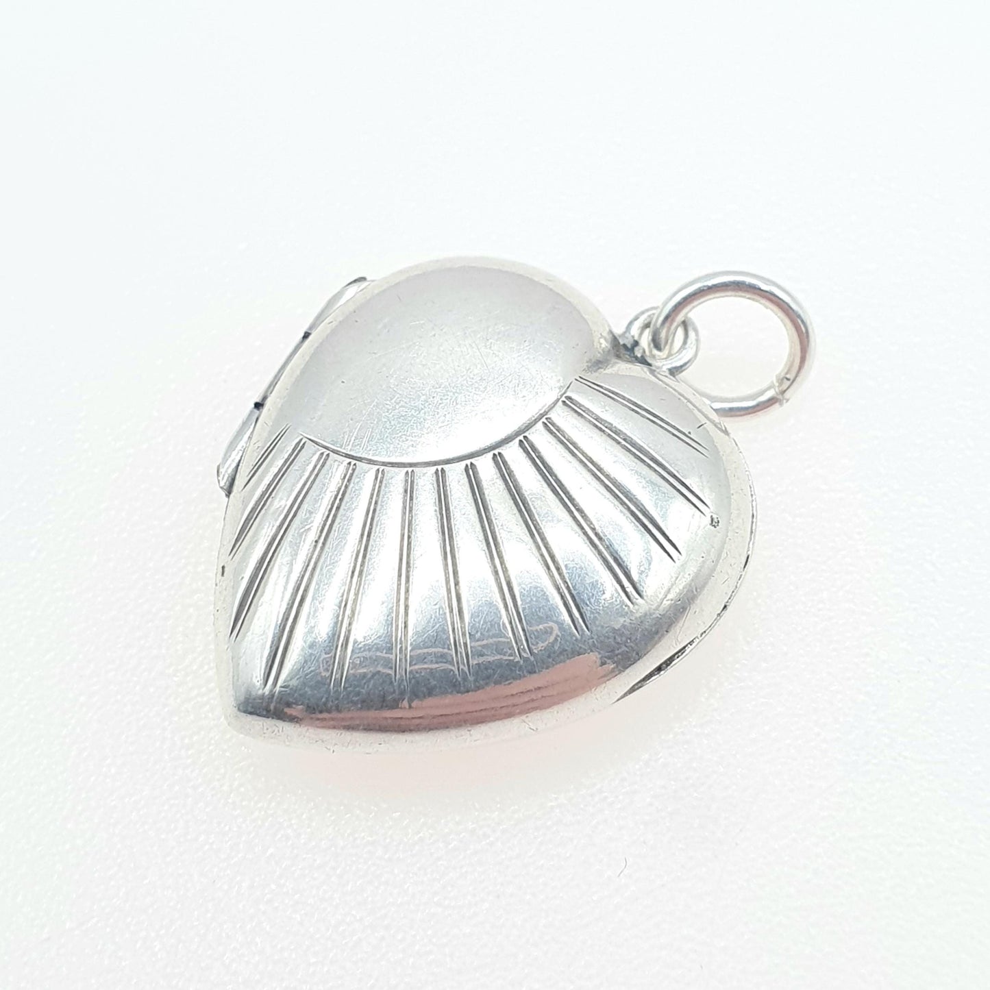 Antique Art Deco Solid Silver Heart Locket Necklace Pendant Sunburst Pattern Back and Front Womens Jewelry Vintage Jewellery