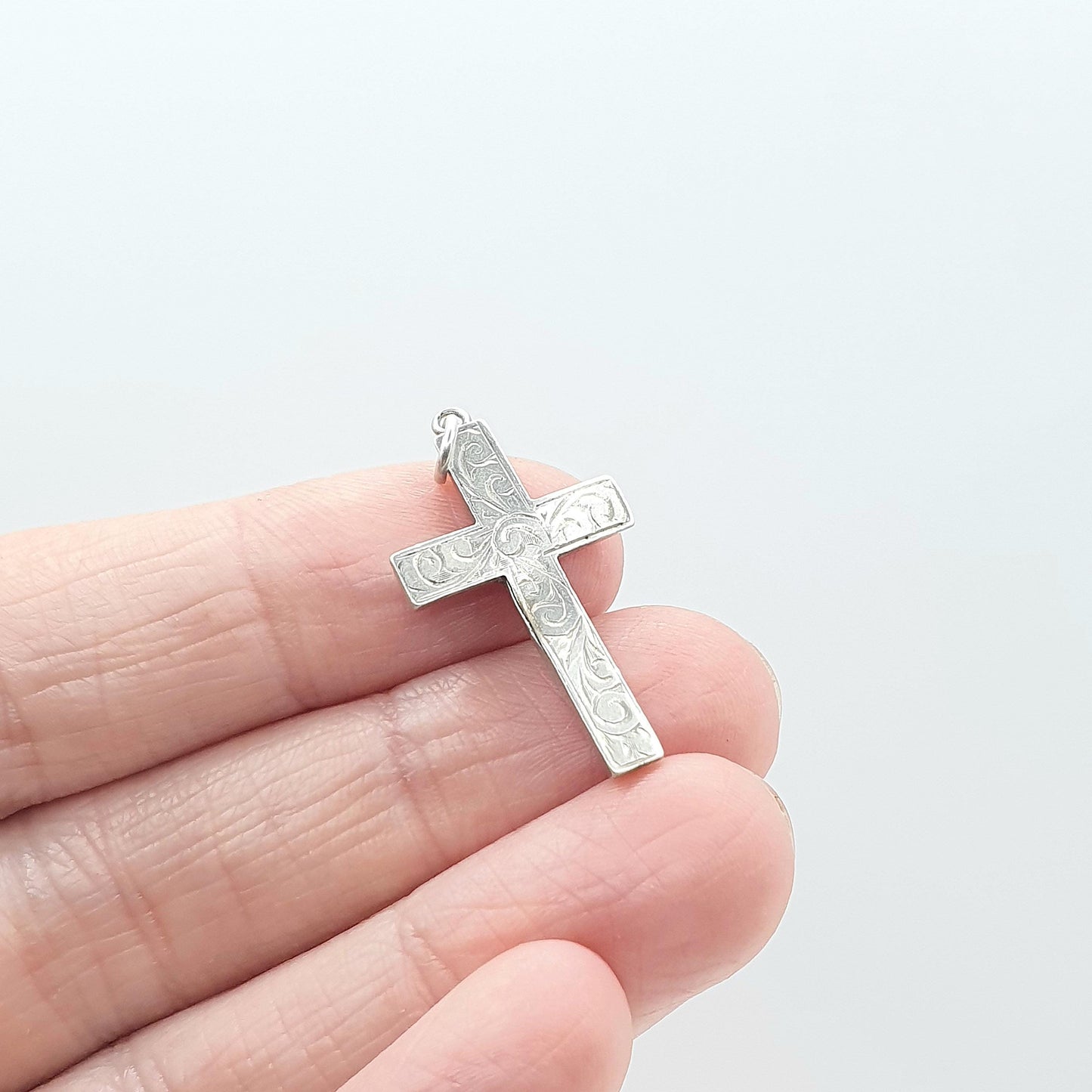 Antique Sterling Silver Crucifix Cross Pendant Necklace Scroll Engraved Catholic Christian Religious Jewellery Jewelry Vintage Womens Mens