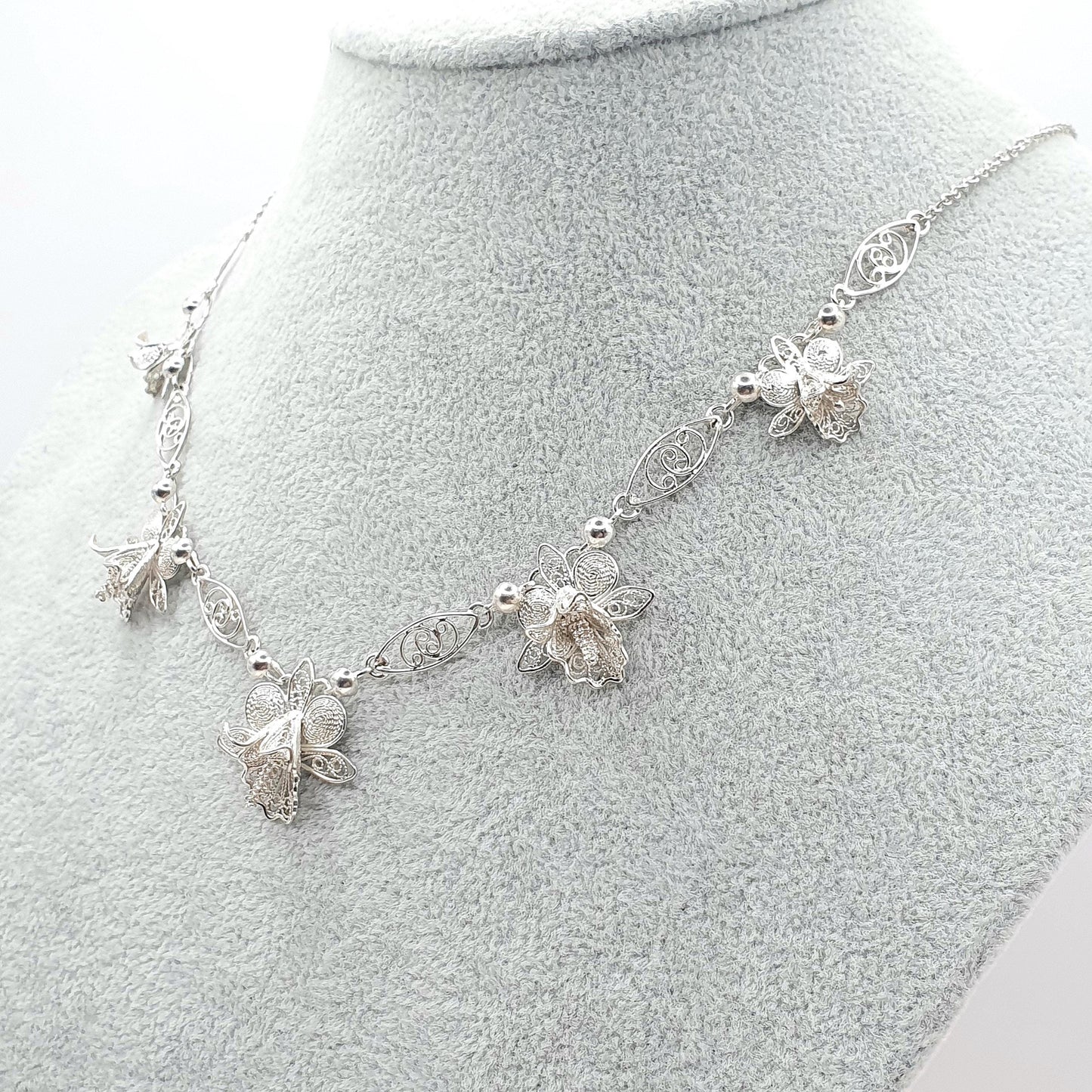 Antique Solid Silver Filigree Flower Necklace Handmade Floral Original Clasp Womens Ladies Jewelry Retro Jewellery