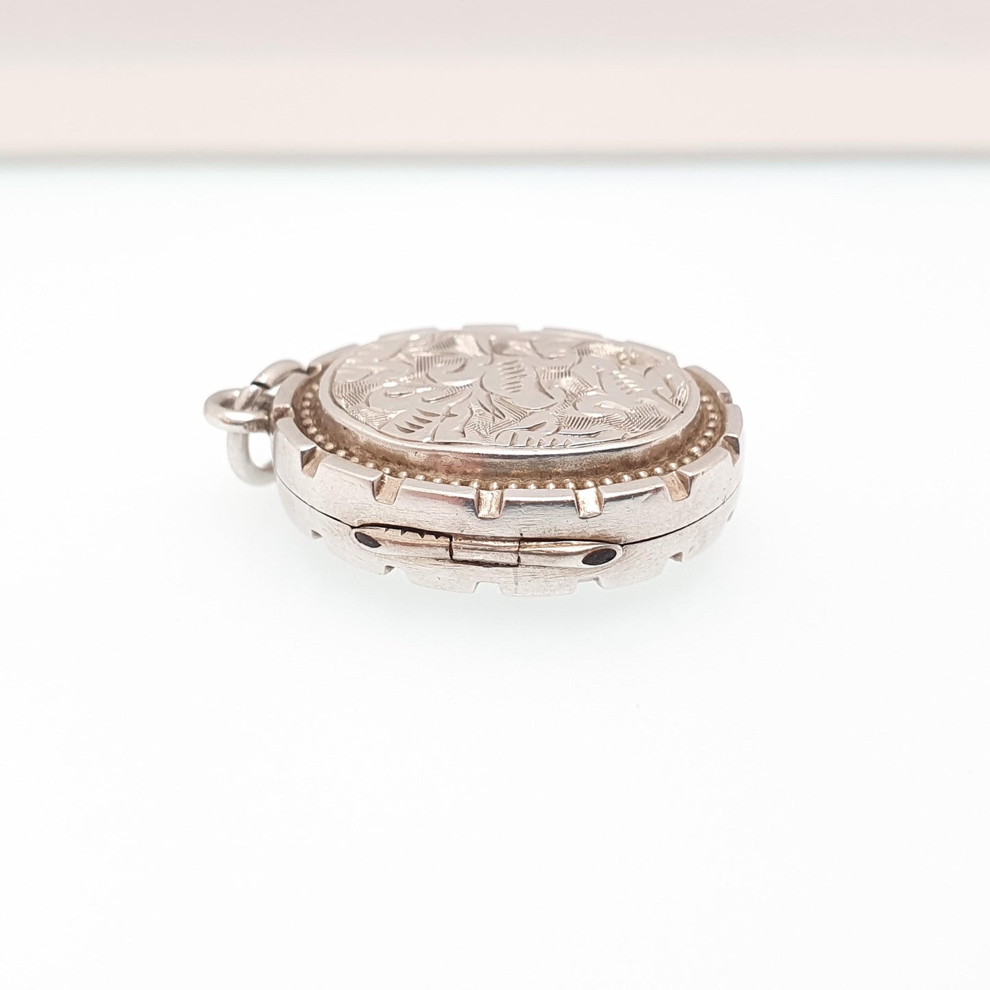 Antique Sterling Silver Locket Hallmark Oval Small Cute 1882 Hallmark Necklace Vintage Stepped Pendant Geometric Womens Jewelry Jewellery