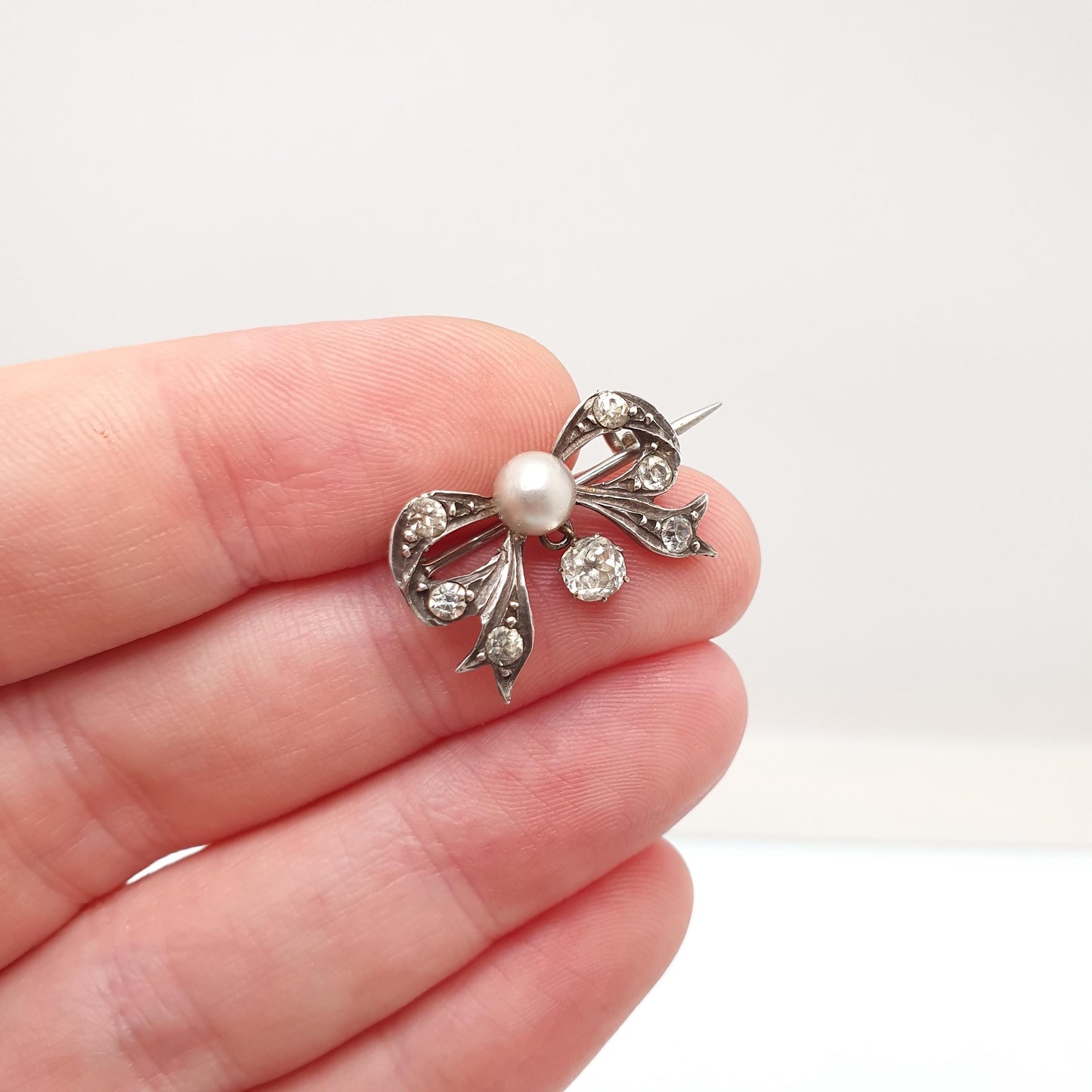 Antique Victorian Paste Solid Silver Bow Brooch Simulated Pearl Ribbon 1800s Sweet Cute Quaint Womens Jewelry Jewellery Vintage