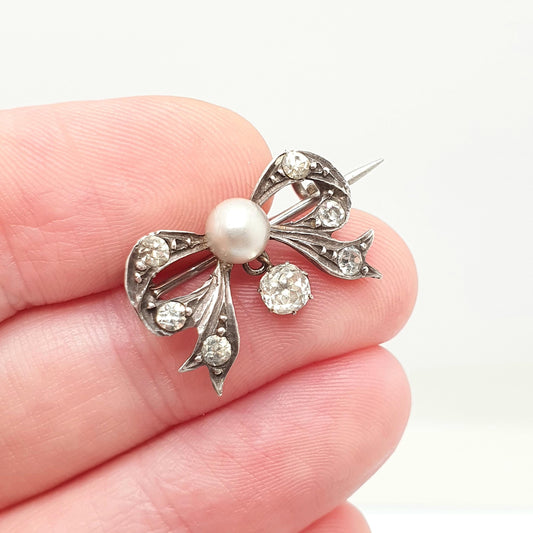 Antique Victorian Paste Solid Silver Bow Brooch Simulated Pearl Ribbon 1800s Sweet Cute Quaint Womens Jewelry Jewellery Vintage