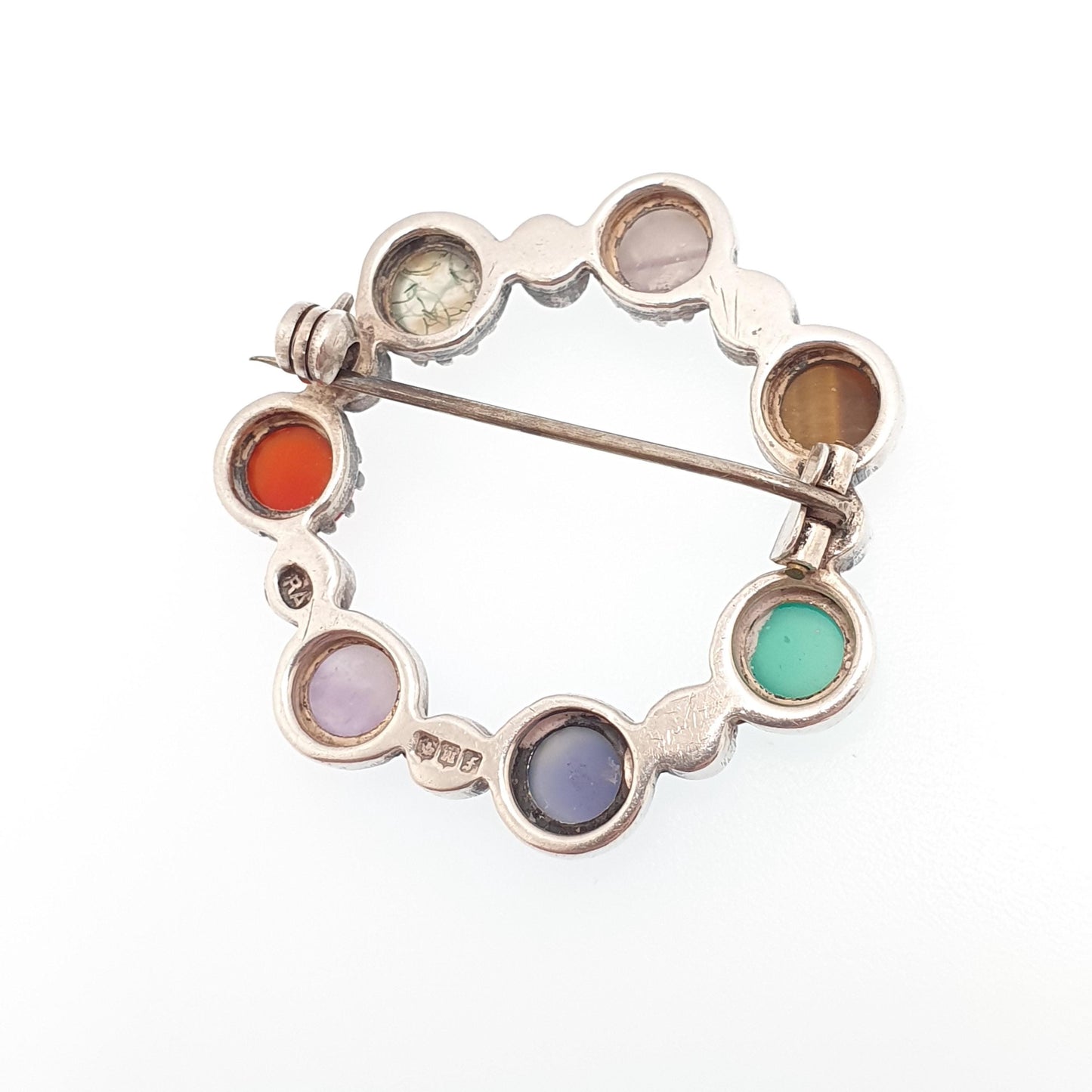 Vintage Sterling Silver Gemstone Brooch ROBERT ALLISON 1961 Scottish Celtic Moss Agate Chrysoprase Tiger Eye Solid 925 Jewelry Jewellery