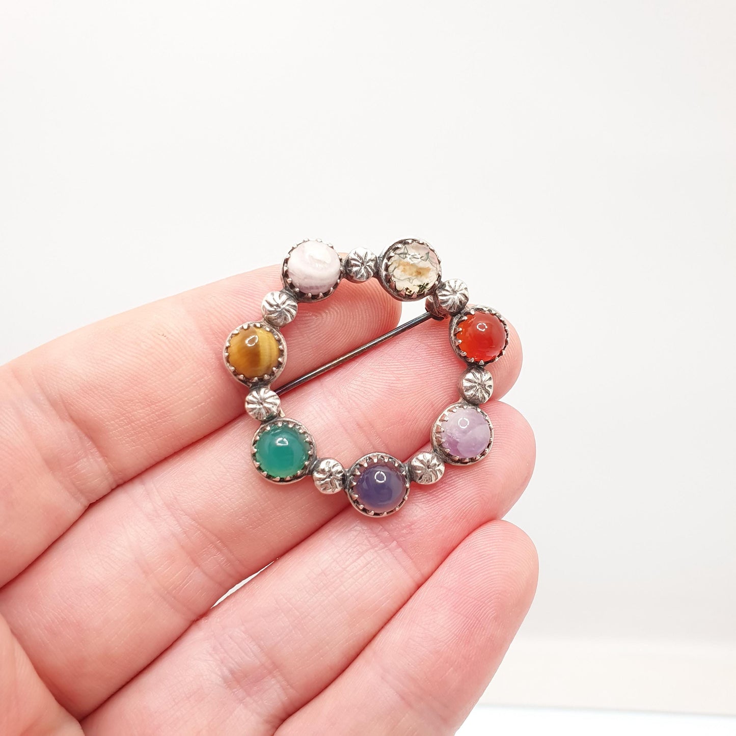 Vintage Sterling Silver Gemstone Brooch ROBERT ALLISON 1961 Scottish Celtic Moss Agate Chrysoprase Tiger Eye Solid 925 Jewelry Jewellery