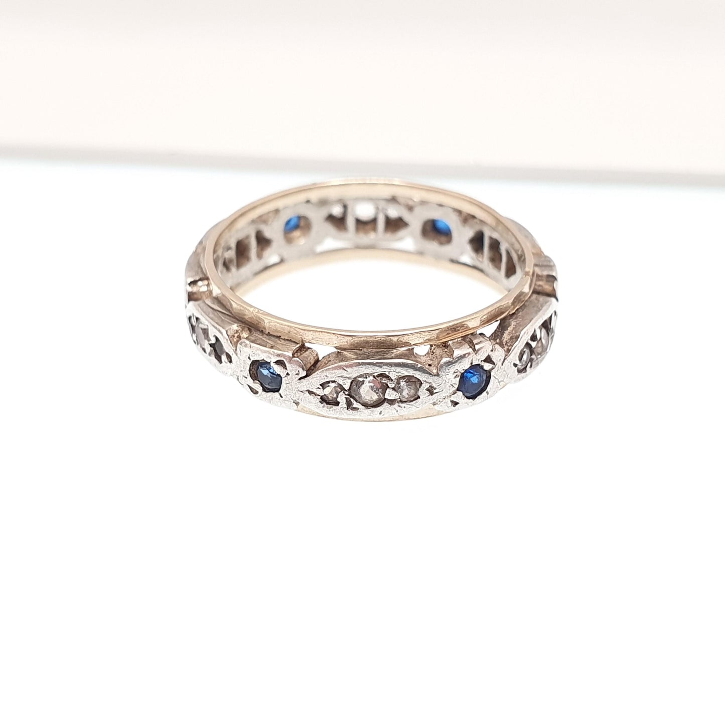 Antique Eternity Ring 9ct Gold Blue White Spinel Solid 9k 375 & Silver 1920s Fine Rare Full Estate Womens Jewelry