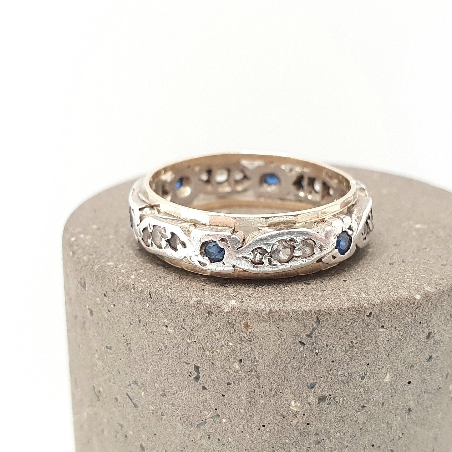 Antique Eternity Ring 9ct Gold Blue White Spinel Solid 9k 375 & Silver 1920s Fine Rare Full Estate Womens Jewelry