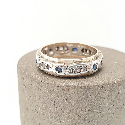 Antique Eternity Ring 9ct Gold Blue White Spinel Solid 9k 375 & Silver 1920s Fine Rare Full Estate Womens Jewelry