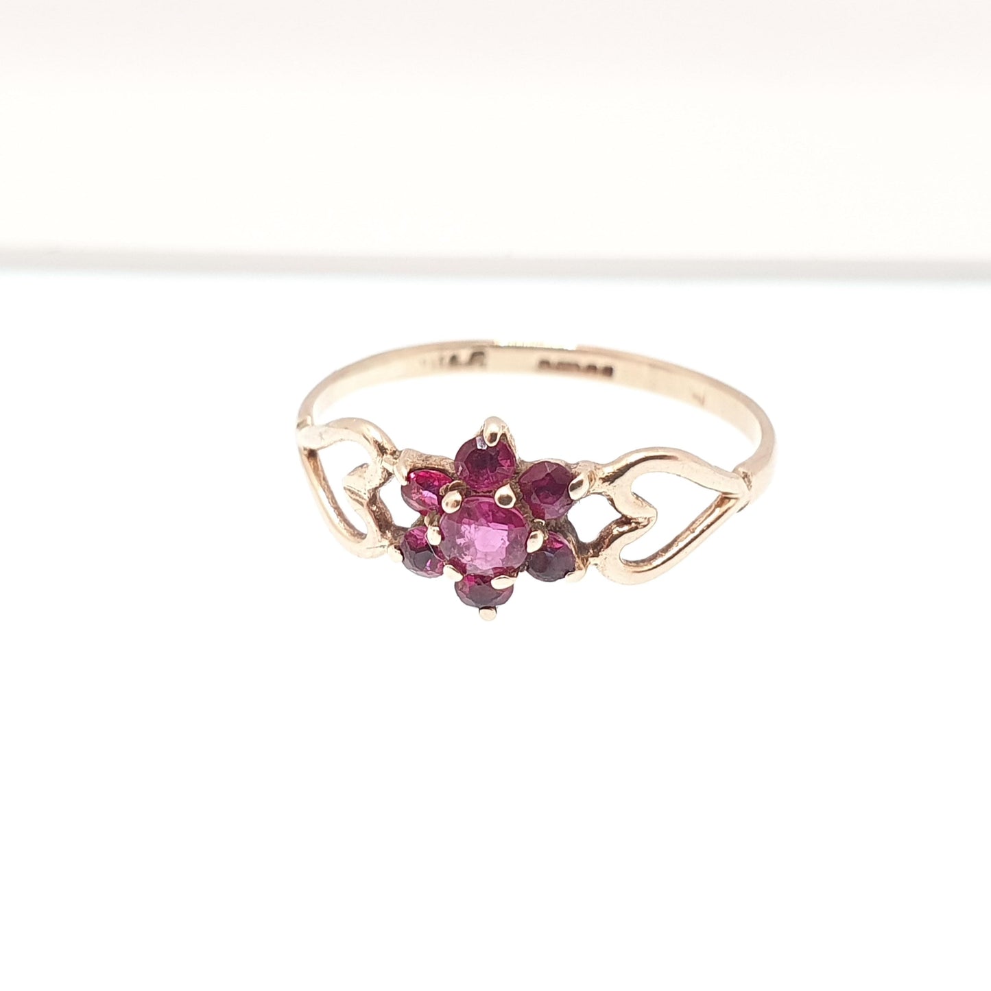 Vintage 9k 9ct Gold Ruby Ring Cluster Hallmarked Solid 375 9kt Red Genuine Gemstone Heart Shoulders Womens Jewelry Jewellery