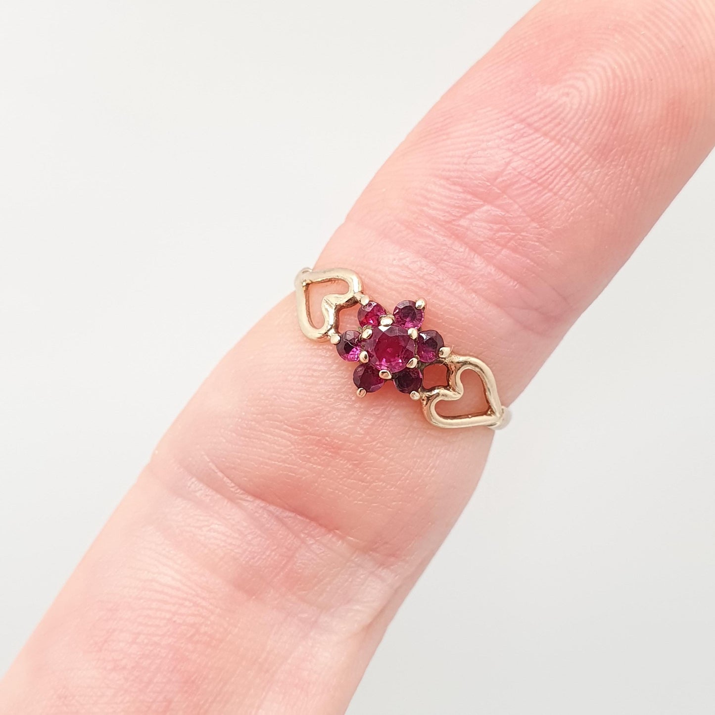 Vintage 9k 9ct Gold Ruby Ring Cluster Hallmarked Solid 375 9kt Red Genuine Gemstone Heart Shoulders Womens Jewelry Jewellery