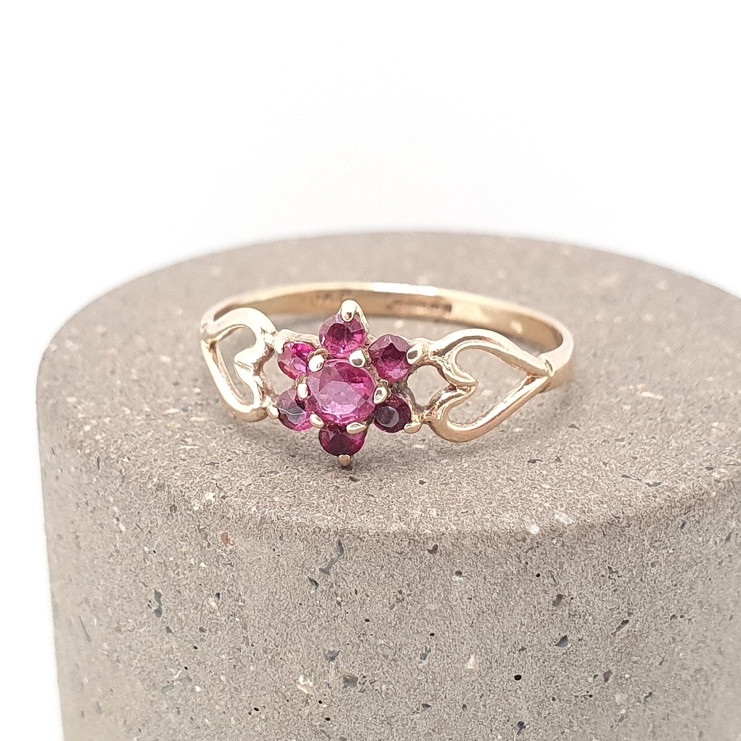 Vintage 9k 9ct Gold Ruby Ring Cluster Hallmarked Solid 375 9kt Red Genuine Gemstone Heart Shoulders Womens Jewelry Jewellery