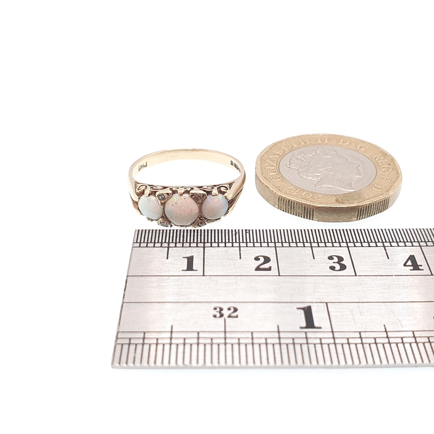 Vintage 9ct Gold Opal Diamond Ring Trilogy Solid 9k 9kt 375 1975 White Opals Hallmarked Retro Womens Jewelry Jewellery