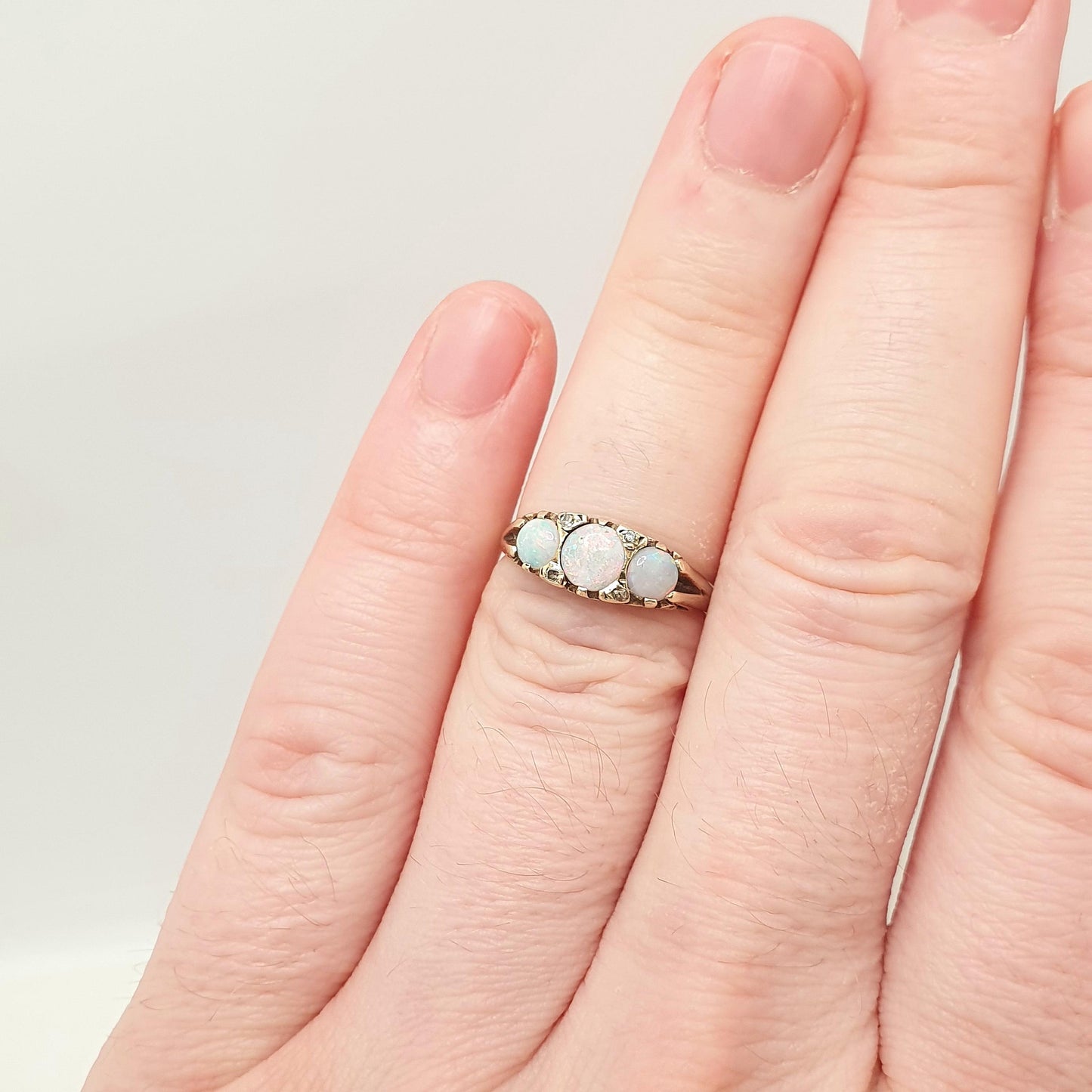 Vintage 9ct Gold Opal Diamond Ring Trilogy Solid 9k 9kt 375 1975 White Opals Hallmarked Retro Womens Jewelry Jewellery