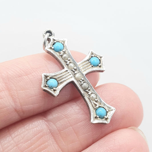 Antique Sterling Silver Turquoise Glass Crucifix Cross Pendant Simulated Pearl Necklace Art Deco Mens Womens Jewellery Jewelry