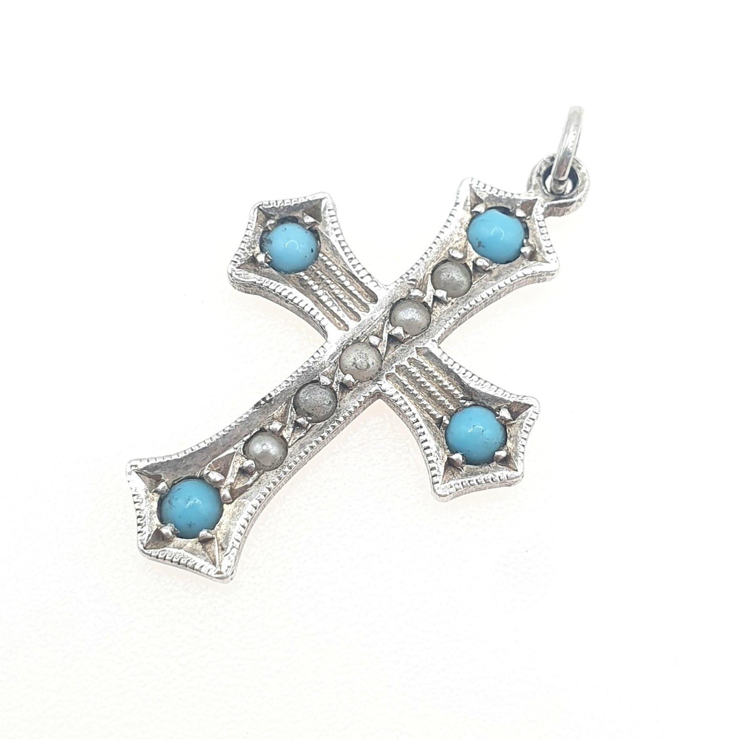 Antique Sterling Silver Turquoise Glass Crucifix Cross Pendant Simulated Pearl Necklace Art Deco Mens Womens Jewellery Jewelry