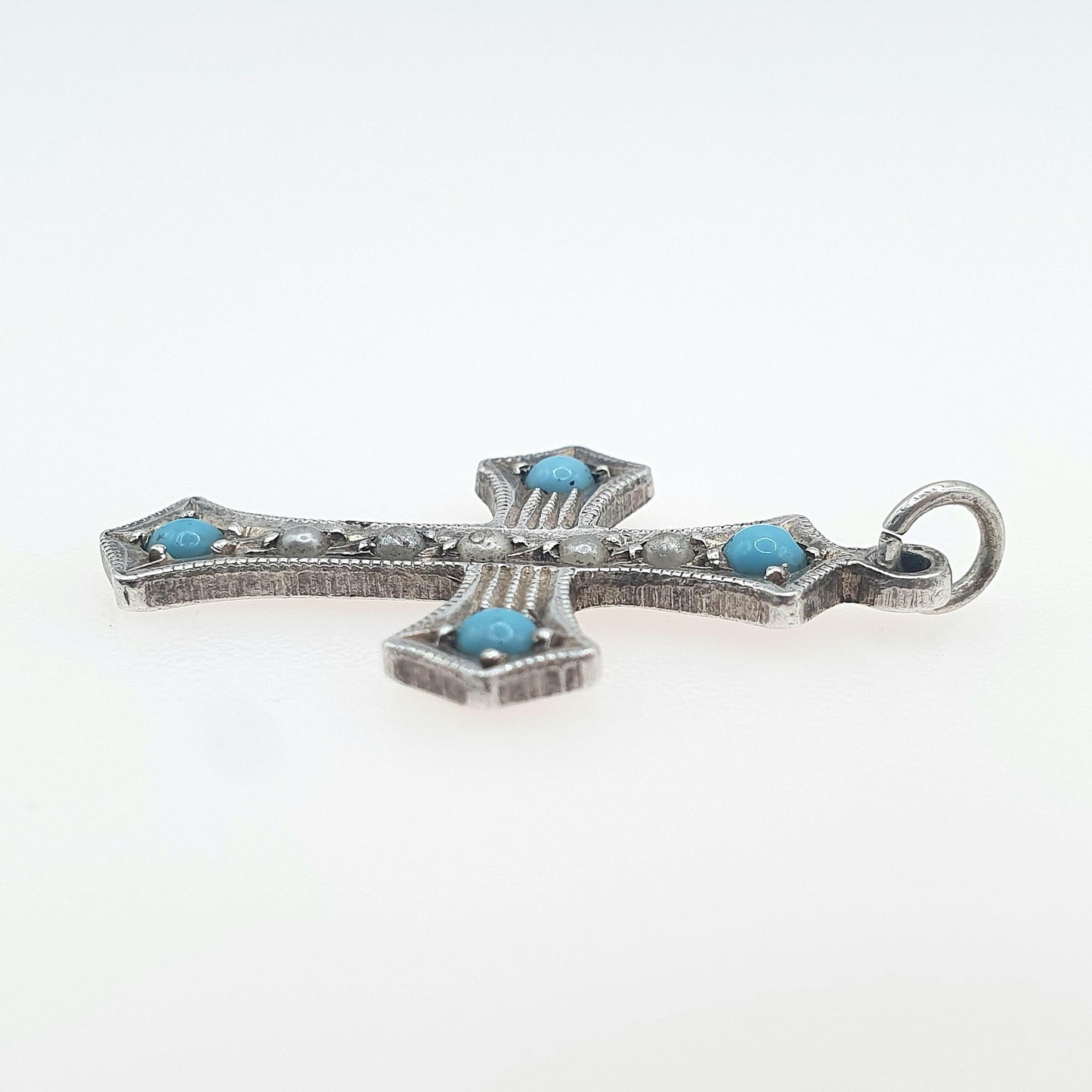 Antique Sterling Silver Turquoise Glass Crucifix Cross Pendant Simulated Pearl Necklace Art Deco Mens Womens Jewellery Jewelry