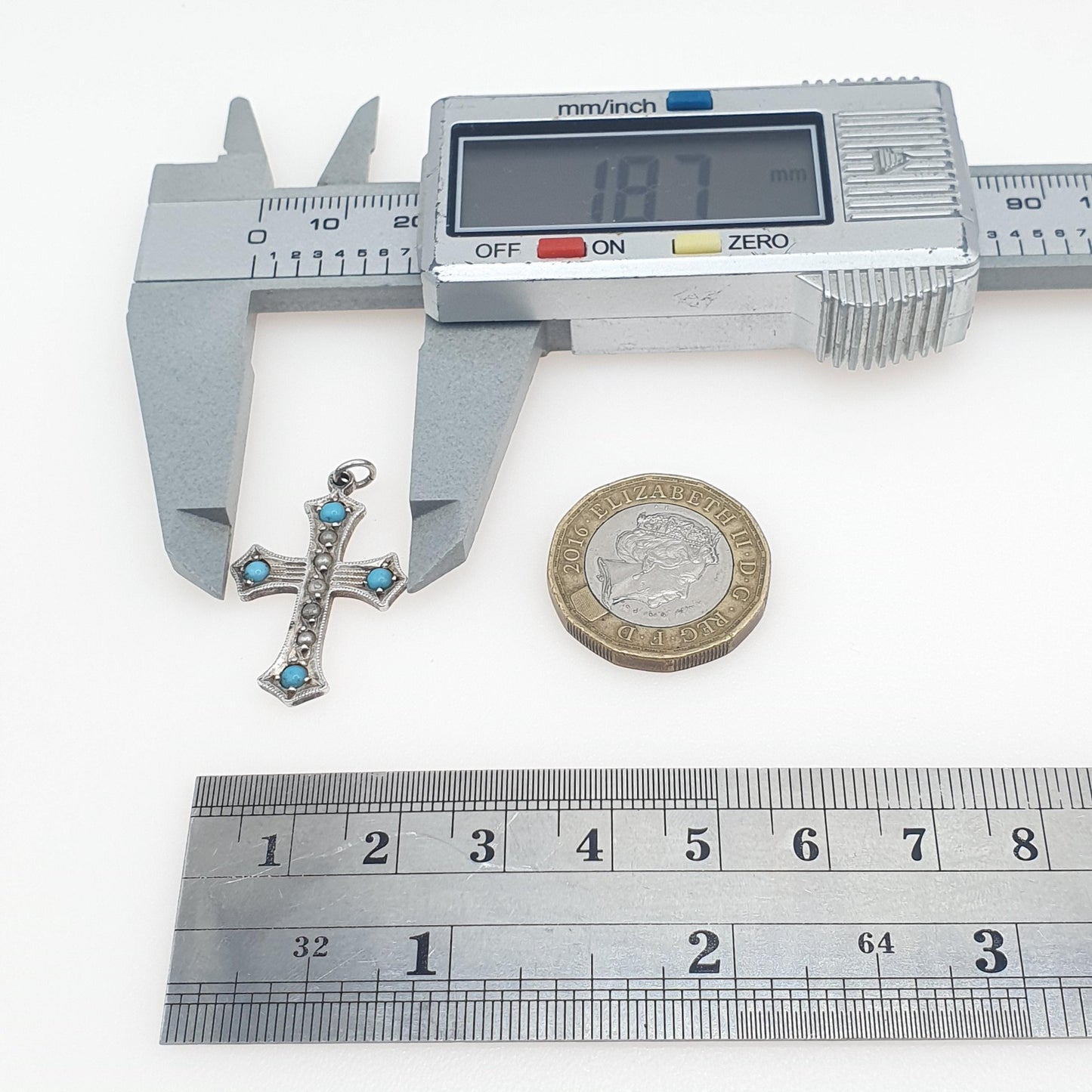 Antique Sterling Silver Turquoise Glass Crucifix Cross Pendant Simulated Pearl Necklace Art Deco Mens Womens Jewellery Jewelry