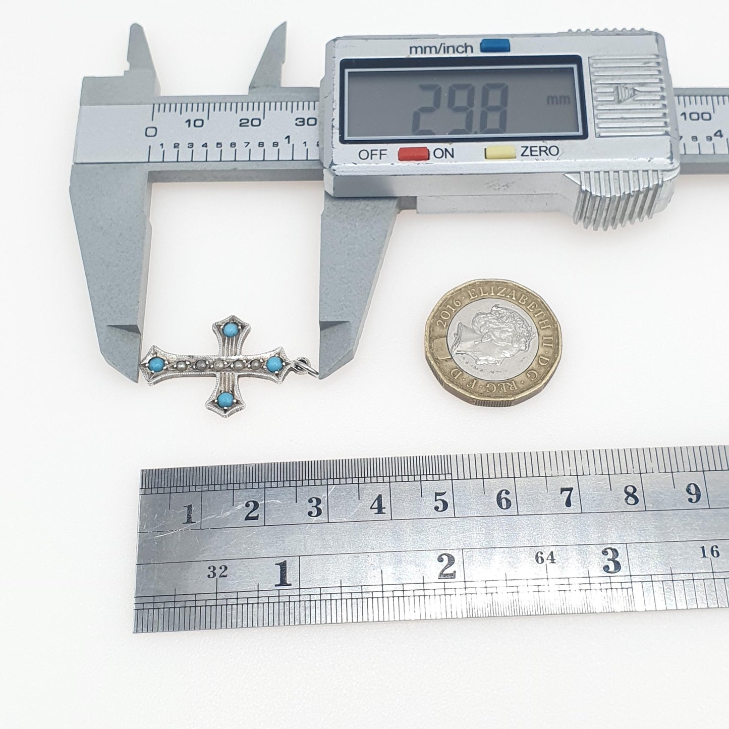 Antique Sterling Silver Turquoise Glass Crucifix Cross Pendant Simulated Pearl Necklace Art Deco Mens Womens Jewellery Jewelry