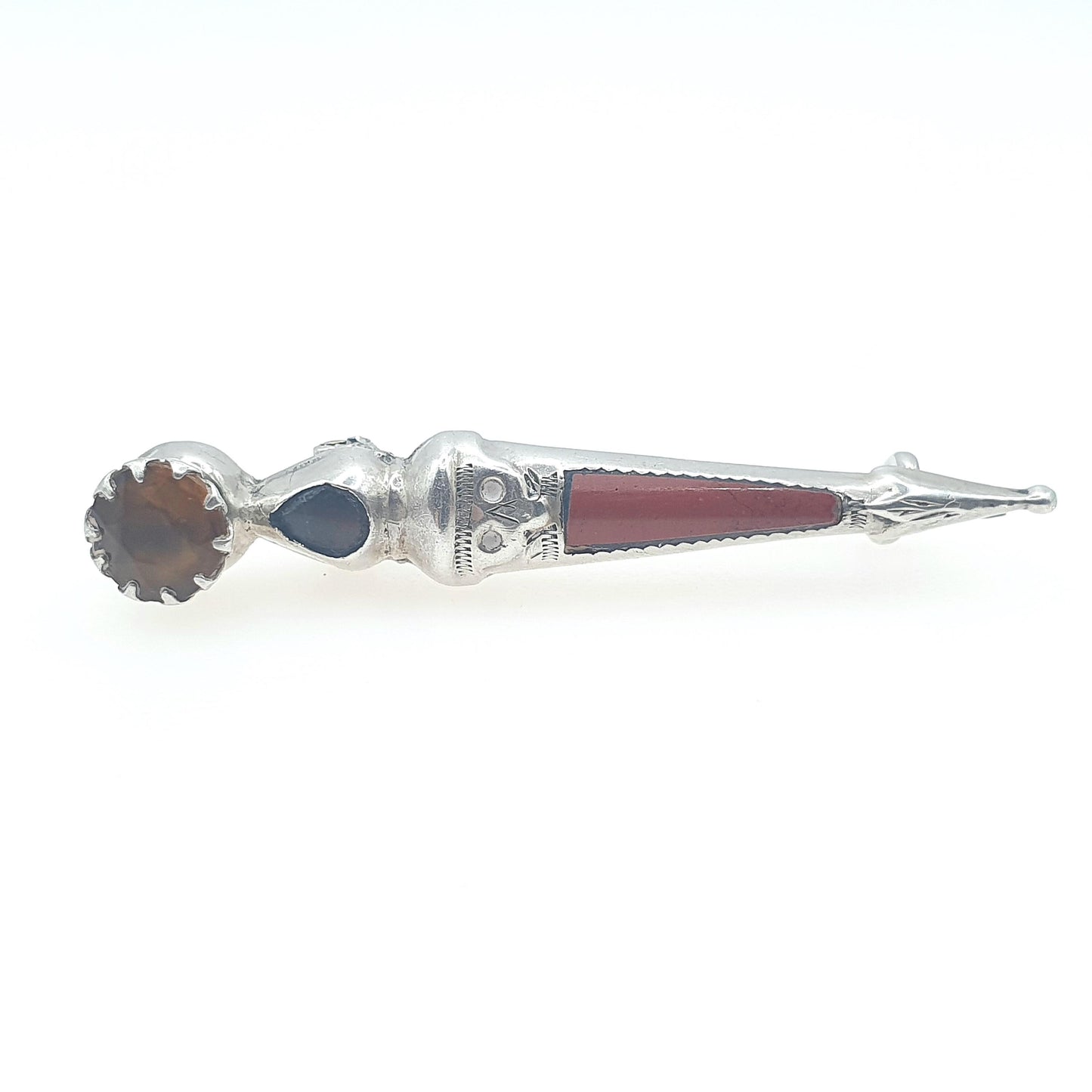 Antique Victorian Solid Silver Scottish Dirk Pin Jasper Agate and Citrine Paste Orange Red Stones Scotland Womens Jewelry Jewellery Mens