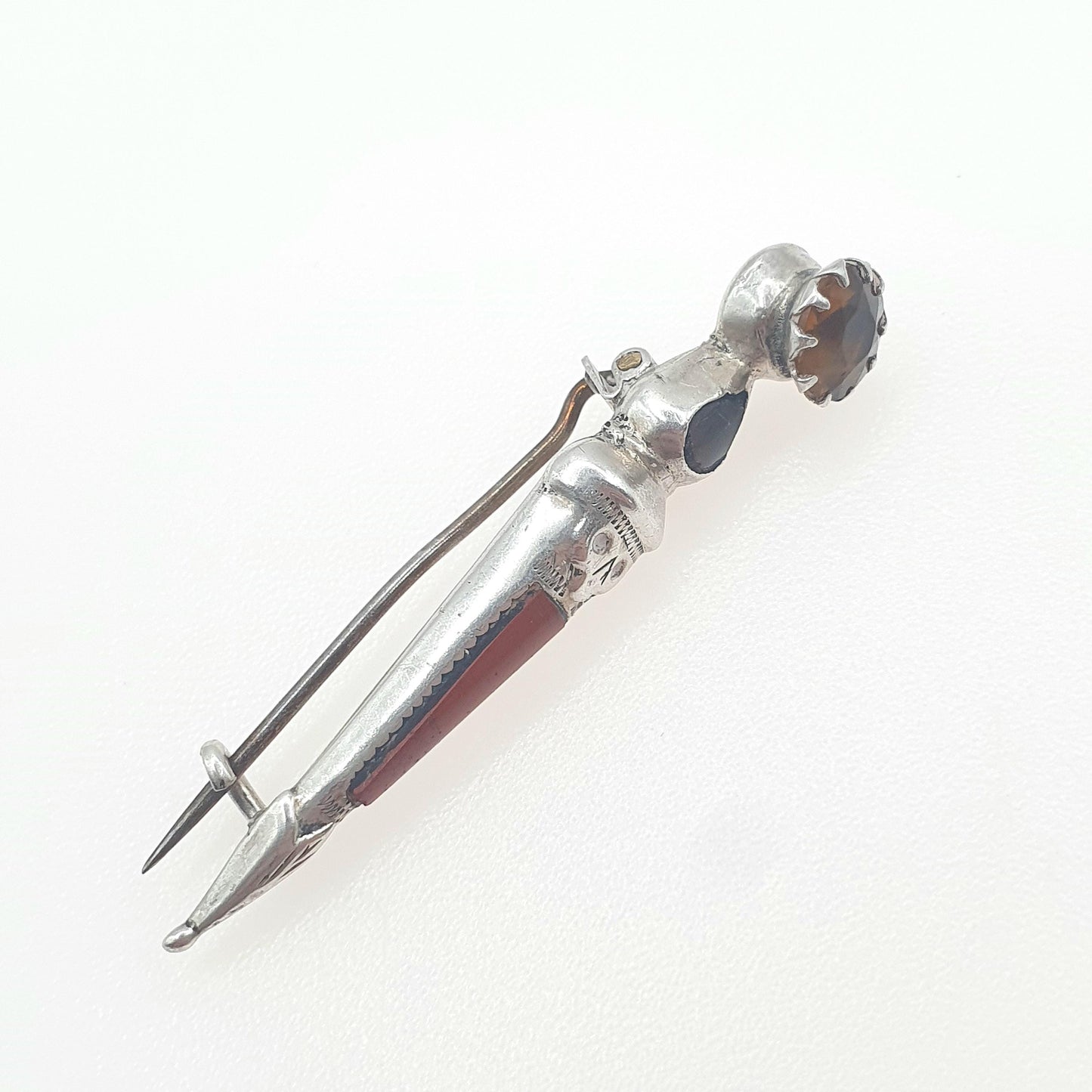 Antique Victorian Solid Silver Scottish Dirk Pin Jasper Agate and Citrine Paste Orange Red Stones Scotland Womens Jewelry Jewellery Mens