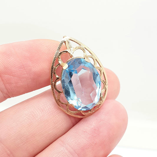 Vintage 9k 9ct Gold Aquamarine Crystal Necklace Pendant Oval Cut Solid 375 Gemstone Cute Sky Blue Retro Womens Ladies Jewelry Jewellery