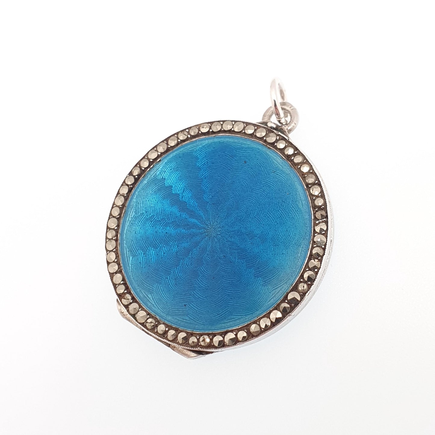 Antique Guilloche Enamel Solid Silver Locket Art Deco Marcasite Border Pendant Necklace Blue Photo Picture Jewelry Jewelry