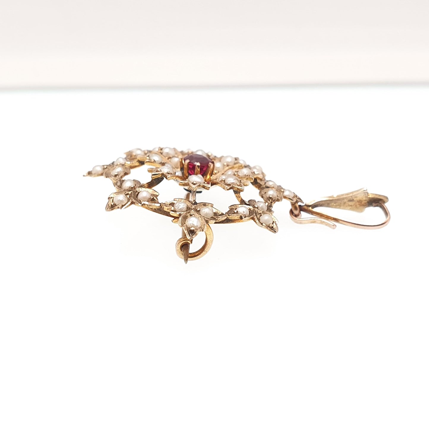 Antique 9ct Gold Garnet Necklace Pendant Seed Pearl Flower Brooch Solid 9k 9kt Art Nouveau Vintage Jewelry Jewellery