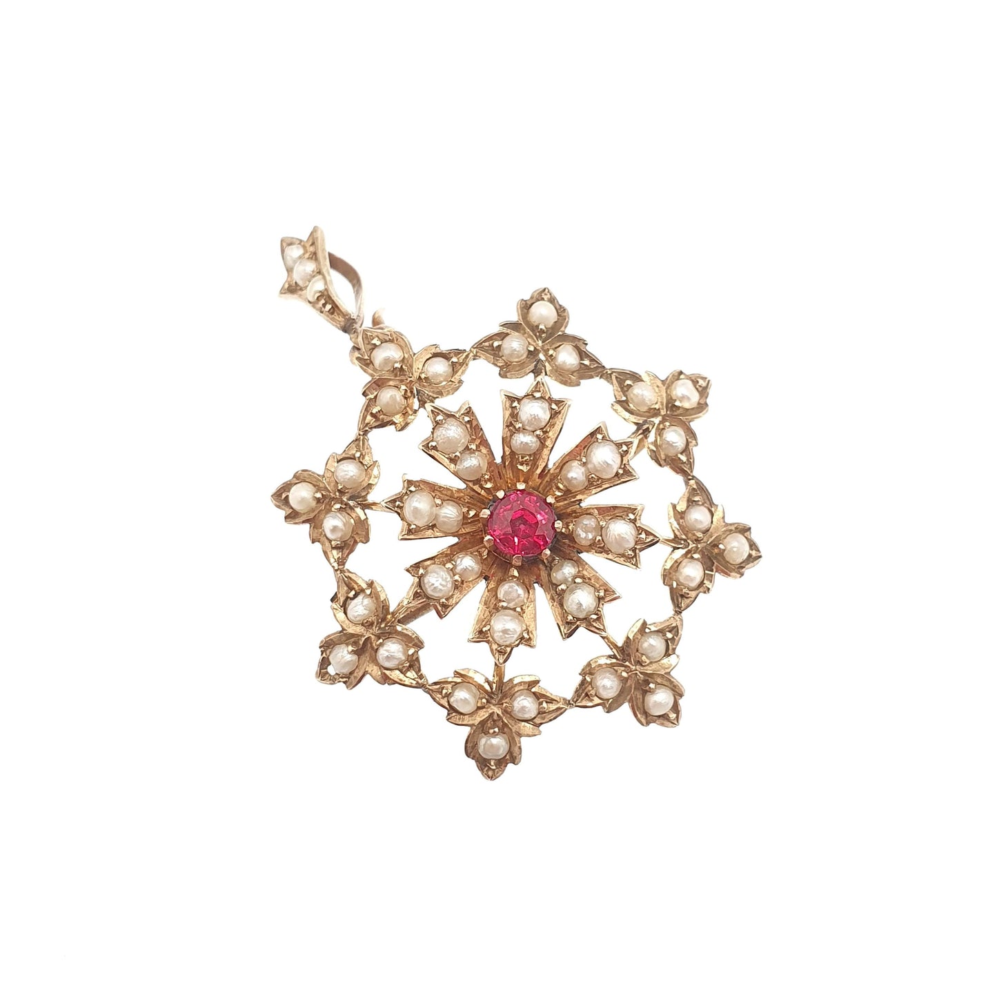 Antique 9ct Gold Garnet Necklace Pendant Seed Pearl Flower Brooch Solid 9k 9kt Art Nouveau Vintage Jewelry Jewellery