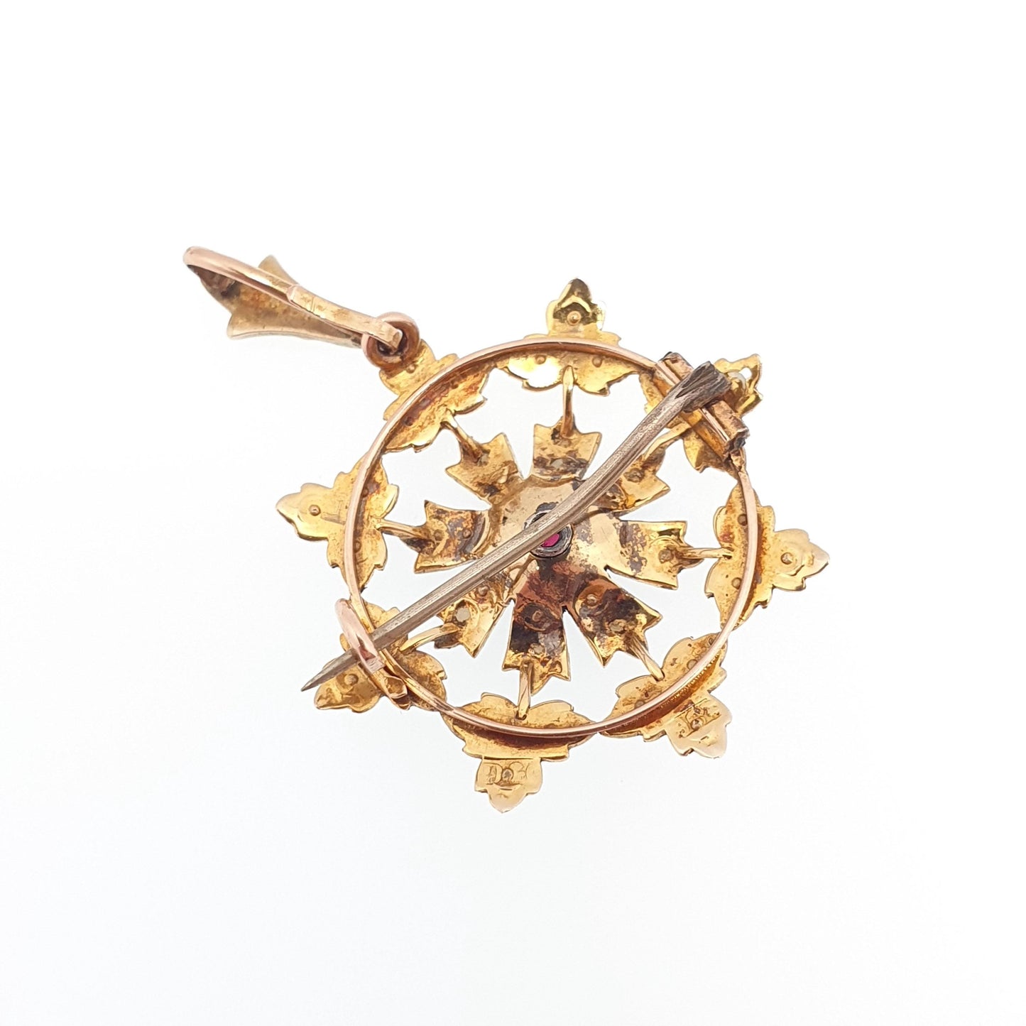 Antique 9ct Gold Garnet Necklace Pendant Seed Pearl Flower Brooch Solid 9k 9kt Art Nouveau Vintage Jewelry Jewellery