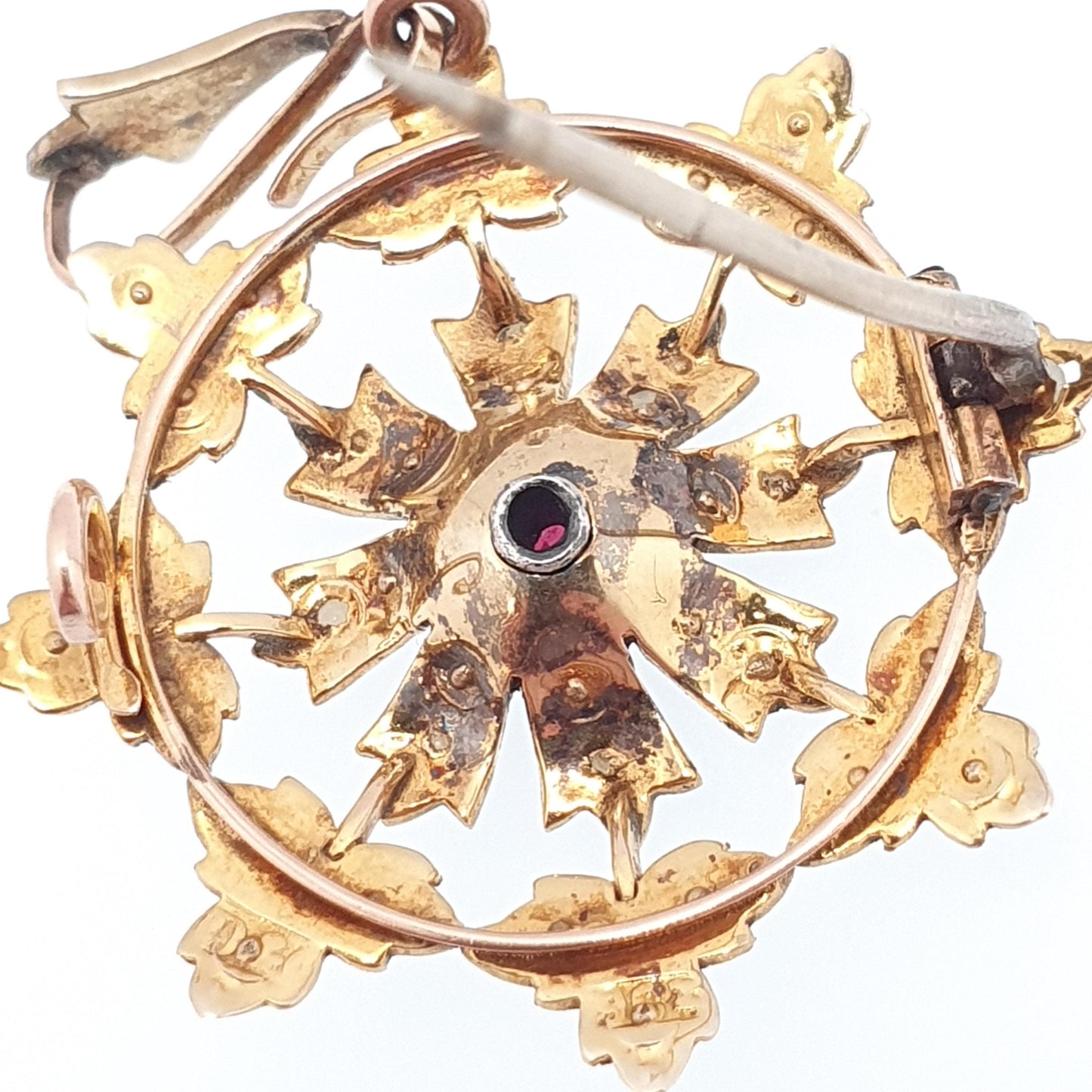 Antique 9ct Gold Garnet Necklace Pendant Seed Pearl Flower Brooch Solid 9k 9kt Art Nouveau Vintage Jewelry Jewellery