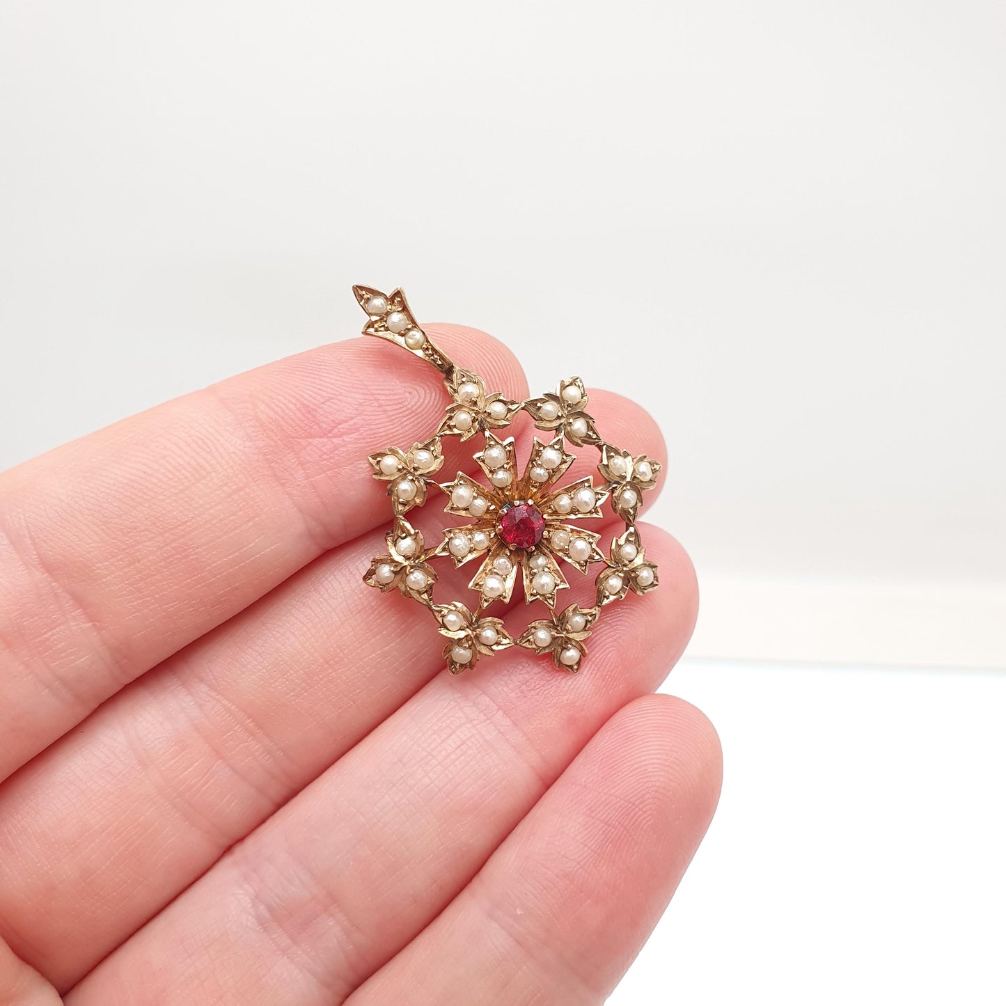 Antique 9ct Gold Garnet Necklace Pendant Seed Pearl Flower Brooch Solid 9k 9kt Art Nouveau Vintage Jewelry Jewellery