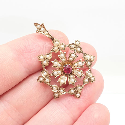 Antique 9ct Gold Garnet Necklace Pendant Seed Pearl Flower Brooch Solid 9k 9kt Art Nouveau Vintage Jewelry Jewellery