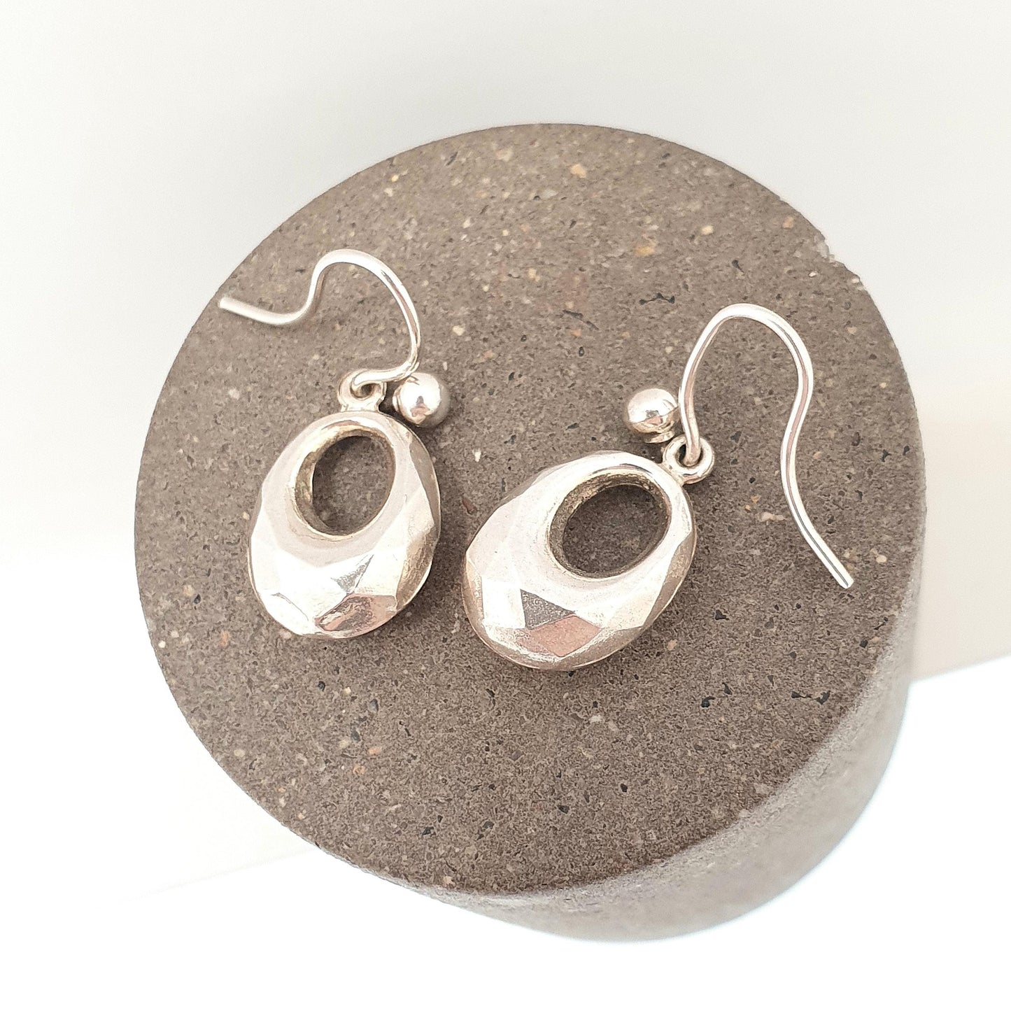 Antique Victorian Solid Silver Creole Hook Earrings Faceted Gypsy Etruscan Genuine 1800s Vintage Jewelry Jewellery