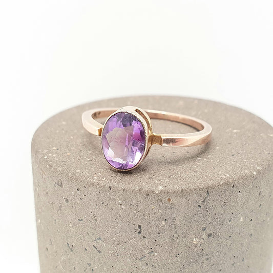 Antique 9ct 9k Gold Amethyst Ring Art Deco Oval Cut Solitaire Solid 375 9kt Genuine Gemstone Vintage Womens Jewelry Jewellery