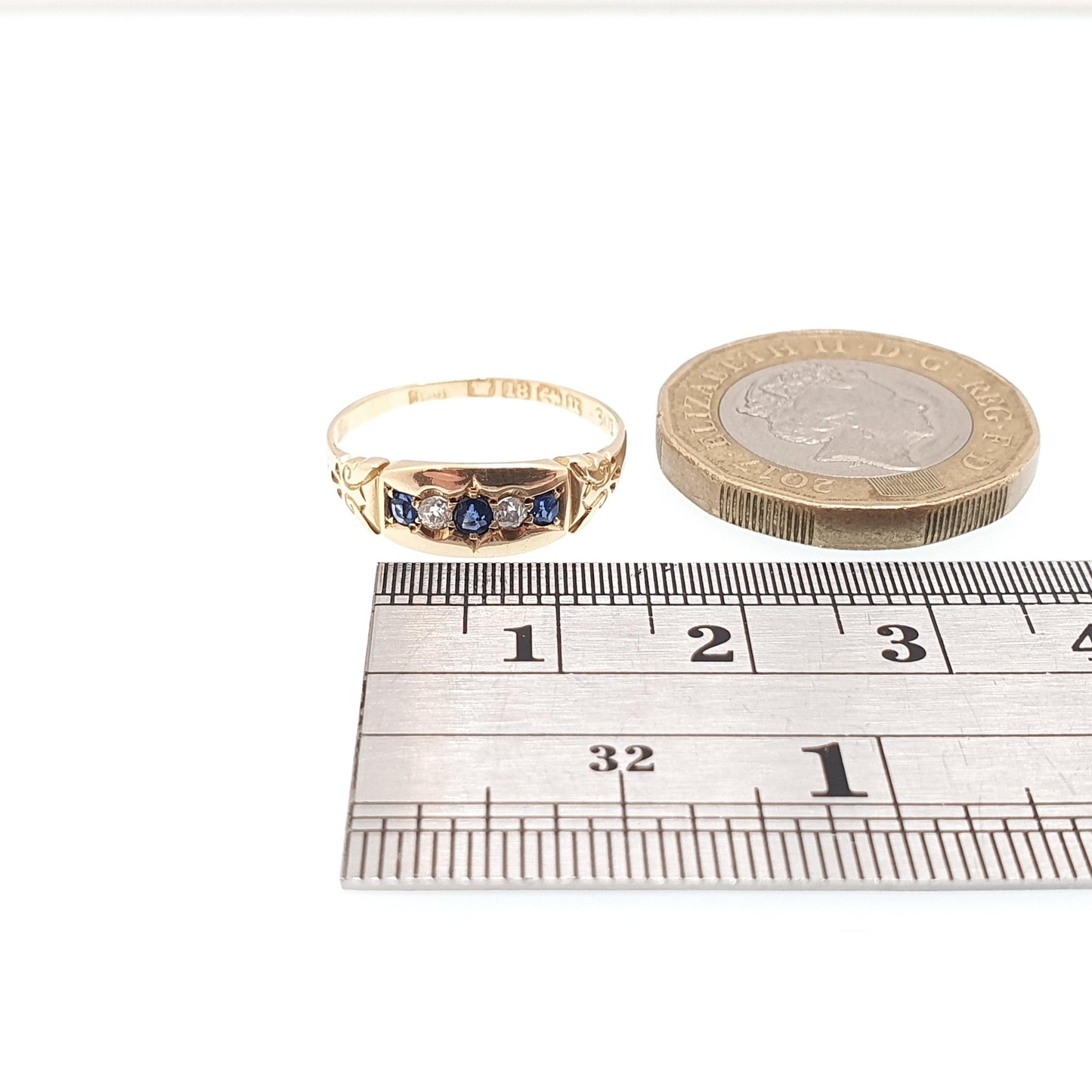 Antique 18ct Gold Sapphire & Diamond Ring Victorian Solid 18k 750 1894 Hallmark Five Gemstone Vintage Jewelry Jewellery