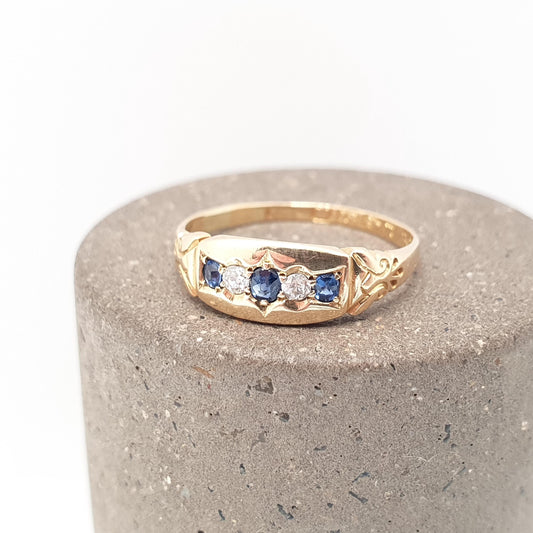 Antique 18ct Gold Sapphire & Diamond Ring Victorian Solid 18k 750 1894 Hallmark Five Gemstone Vintage Jewelry Jewellery