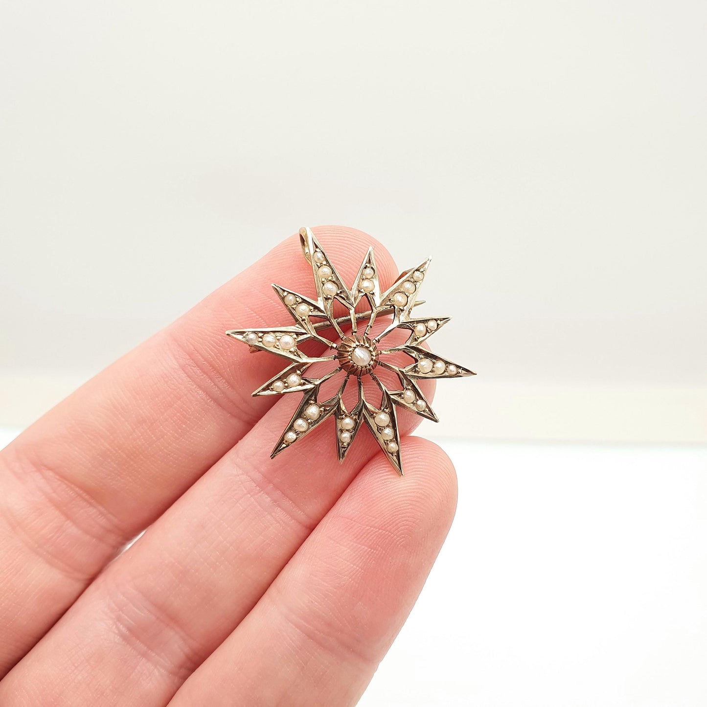 Antique 9ct 9k Gold Star Pendant Seed Pearl Necklace  Solid 9k 9kt 375 Celestial Vintage Jewellery Jewelry