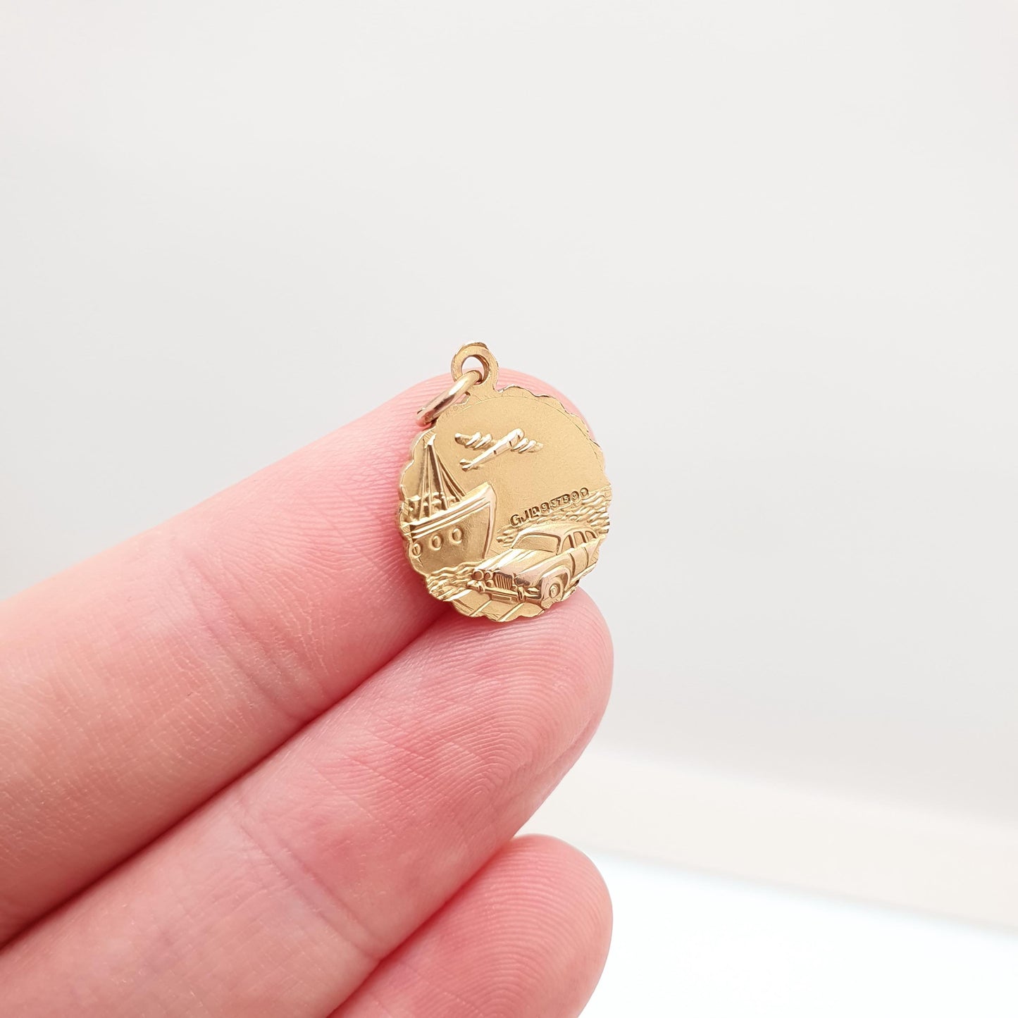Vintage GEORG JENSEN 9ct 9k Gold St Christopher Pendant Car Plane Double Sided Solid 375 Necklace Cute Saint Men Women