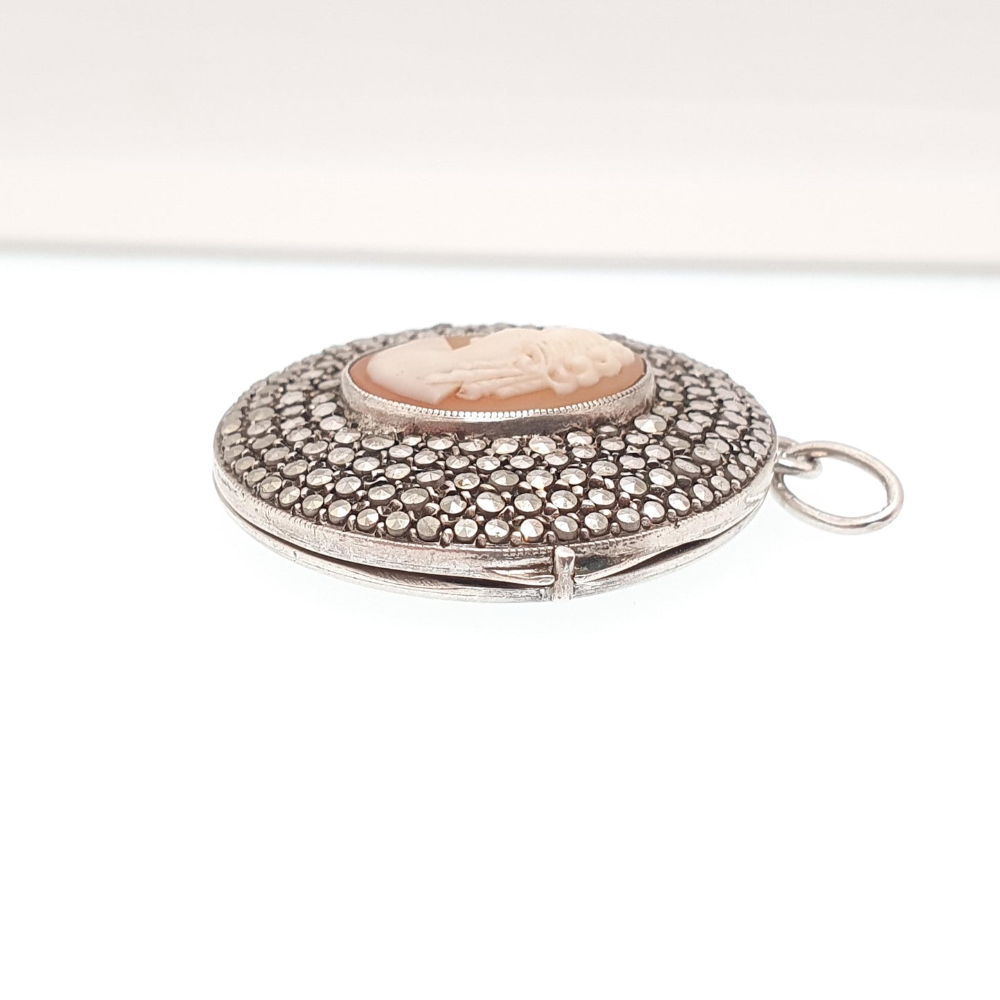 Antique Solid Silver Cameo Locket Art Deco Marcasite Set Large Big Pendant Filigree Hand Set and Carved Shell Necklace Pendant